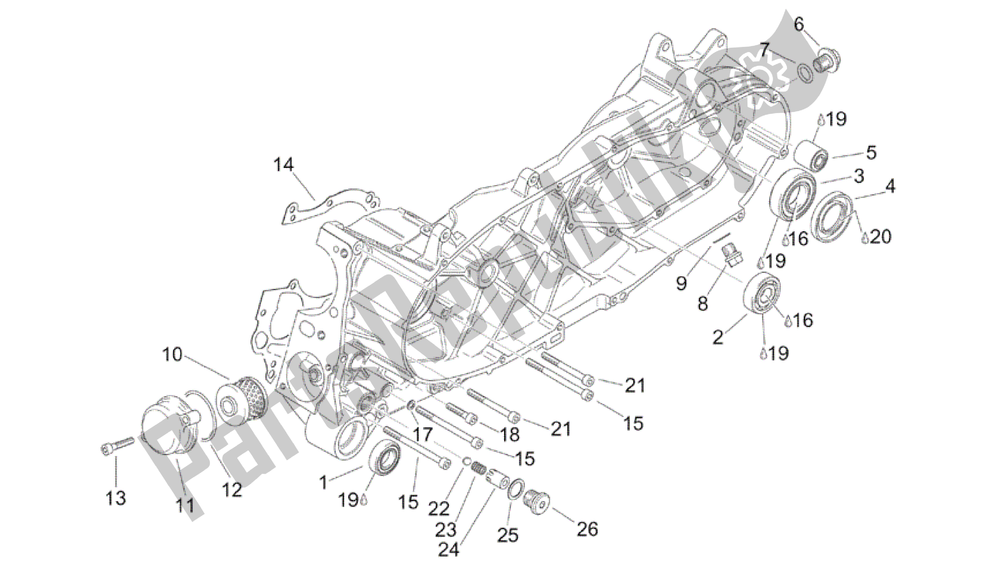 Alle onderdelen voor de Centrale Semi-carter van de Aprilia Scarabeo 125 1999 - 2004