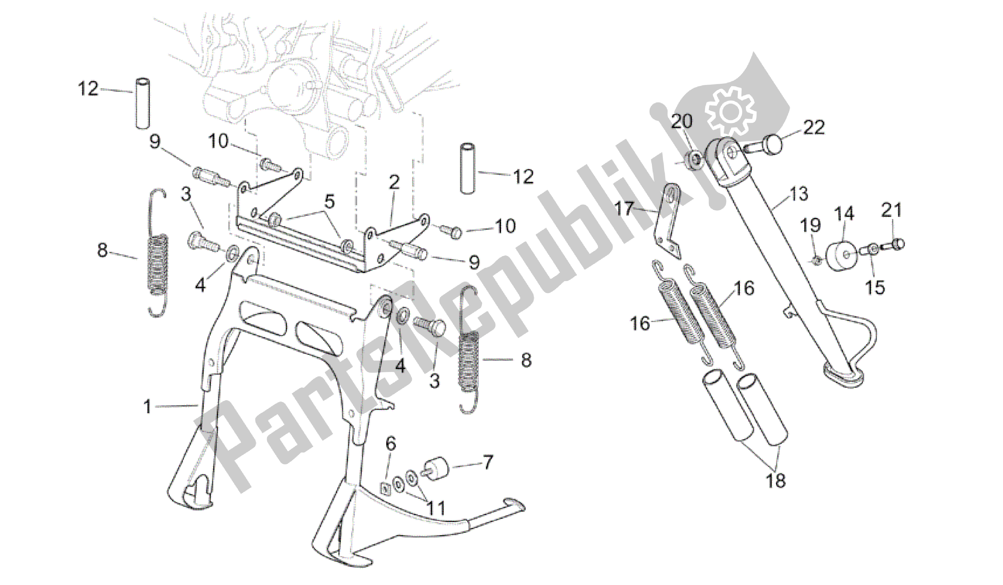 All parts for the Central Stand of the Aprilia Scarabeo 125 1999 - 2004