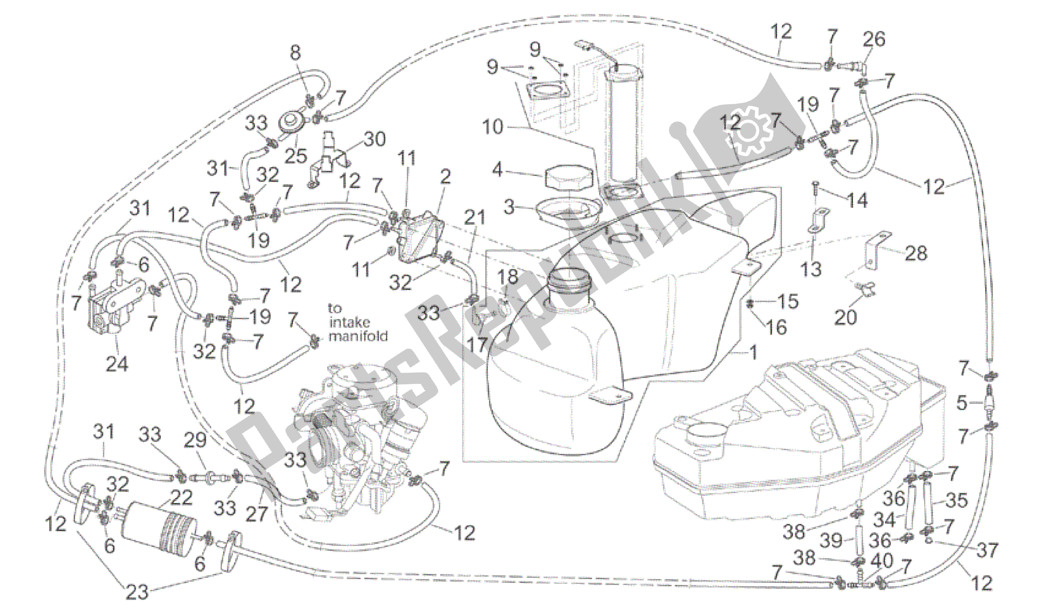 Alle onderdelen voor de Brandstoftank - Usa van de Aprilia Scarabeo 125 1999 - 2004