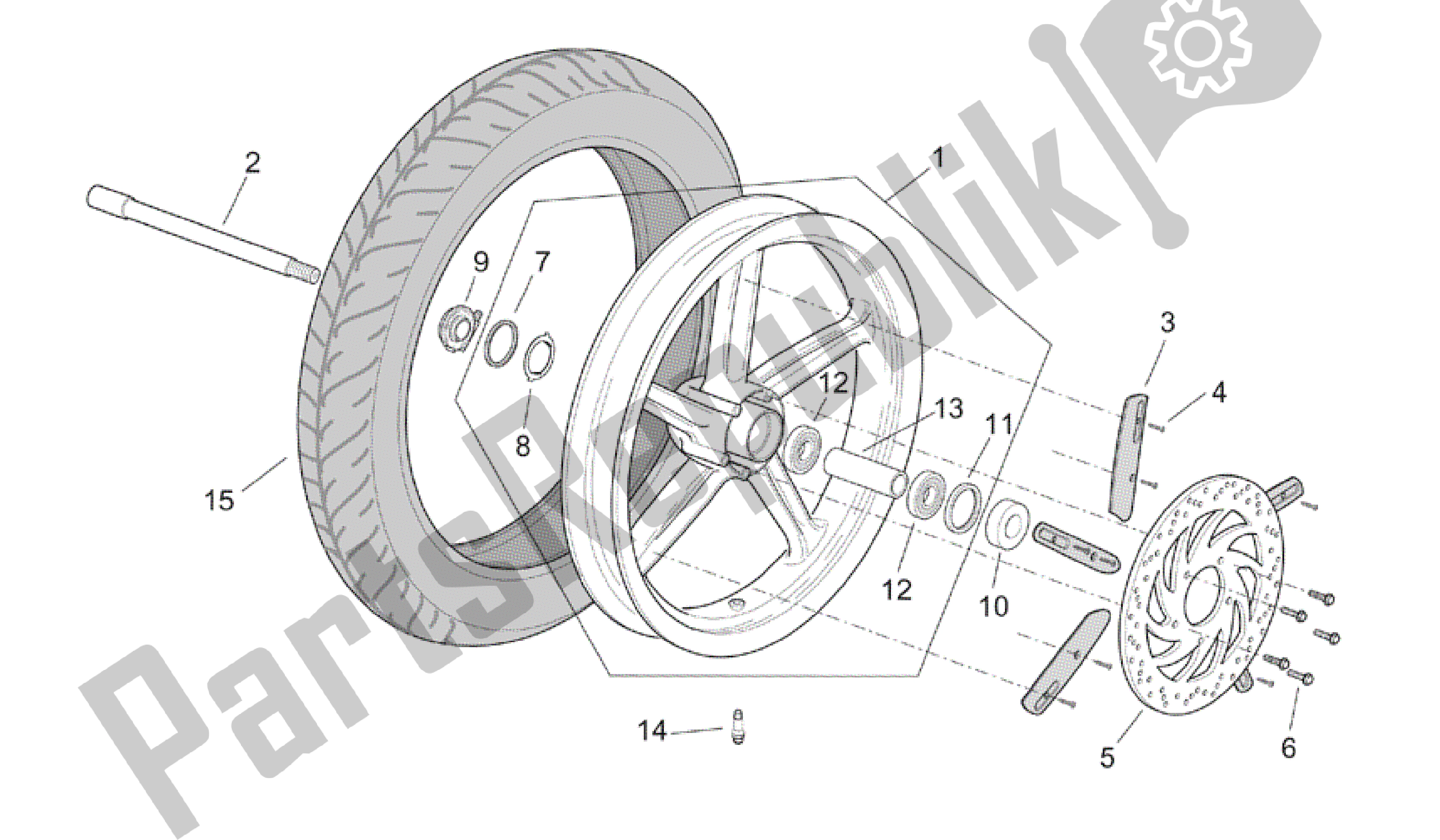 All parts for the Front Wheel of the Aprilia Scarabeo 150 1999 - 2004