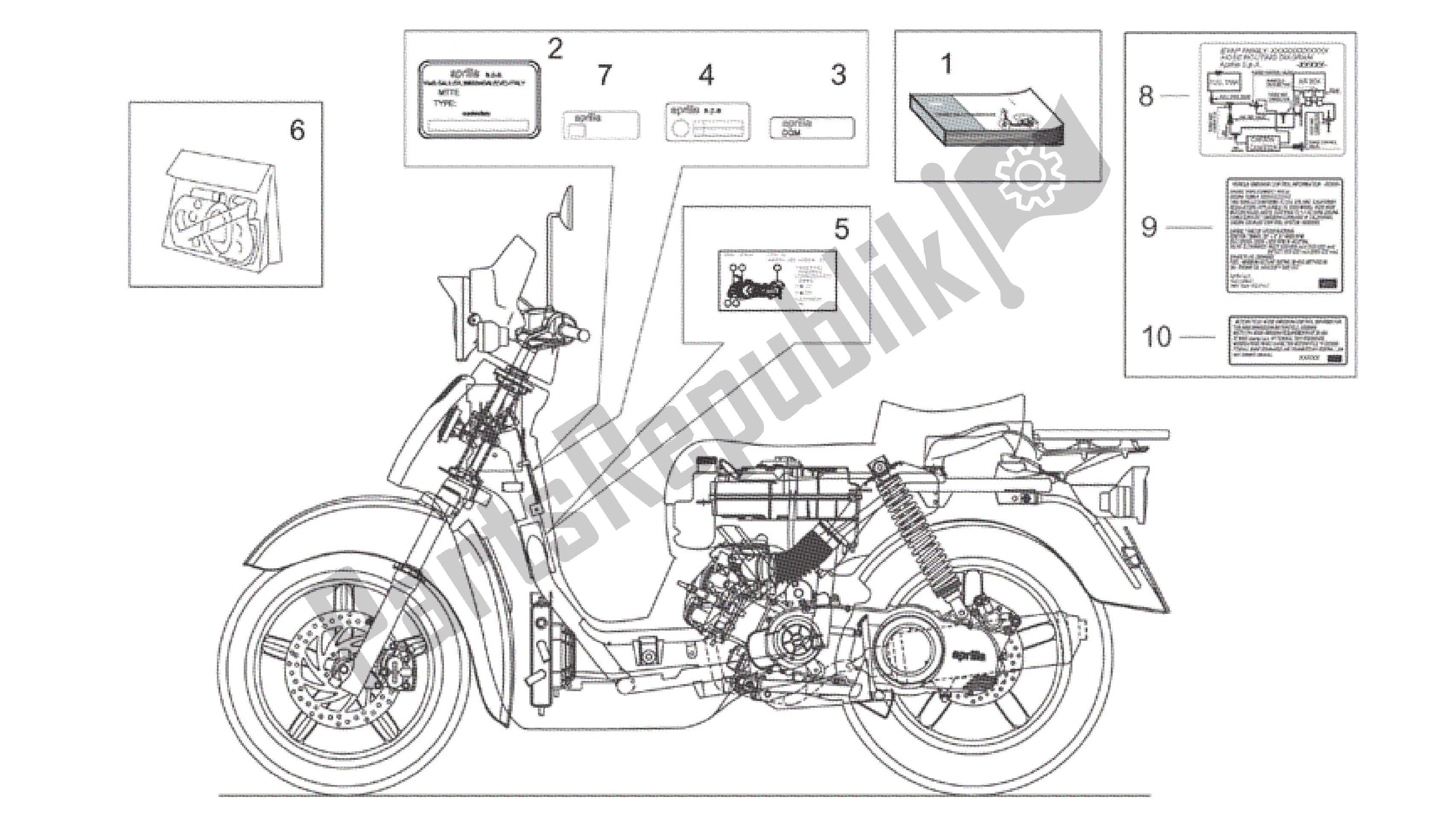 Tutte le parti per il Set Di Piatti E Manuali del Aprilia Scarabeo 150 1999 - 2004