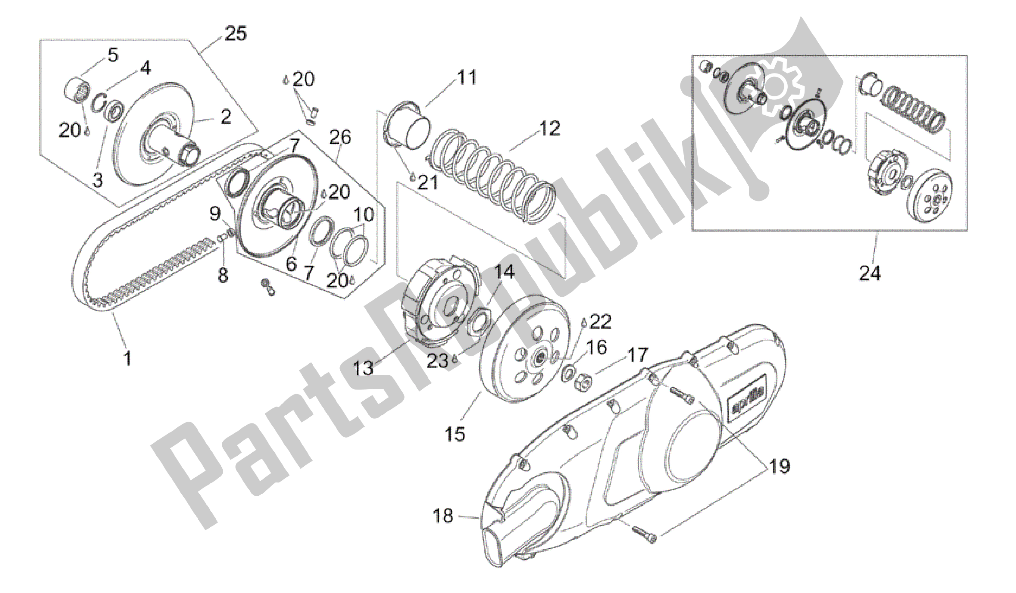 All parts for the Pulley Assy., Driven of the Aprilia Scarabeo 150 1999 - 2004