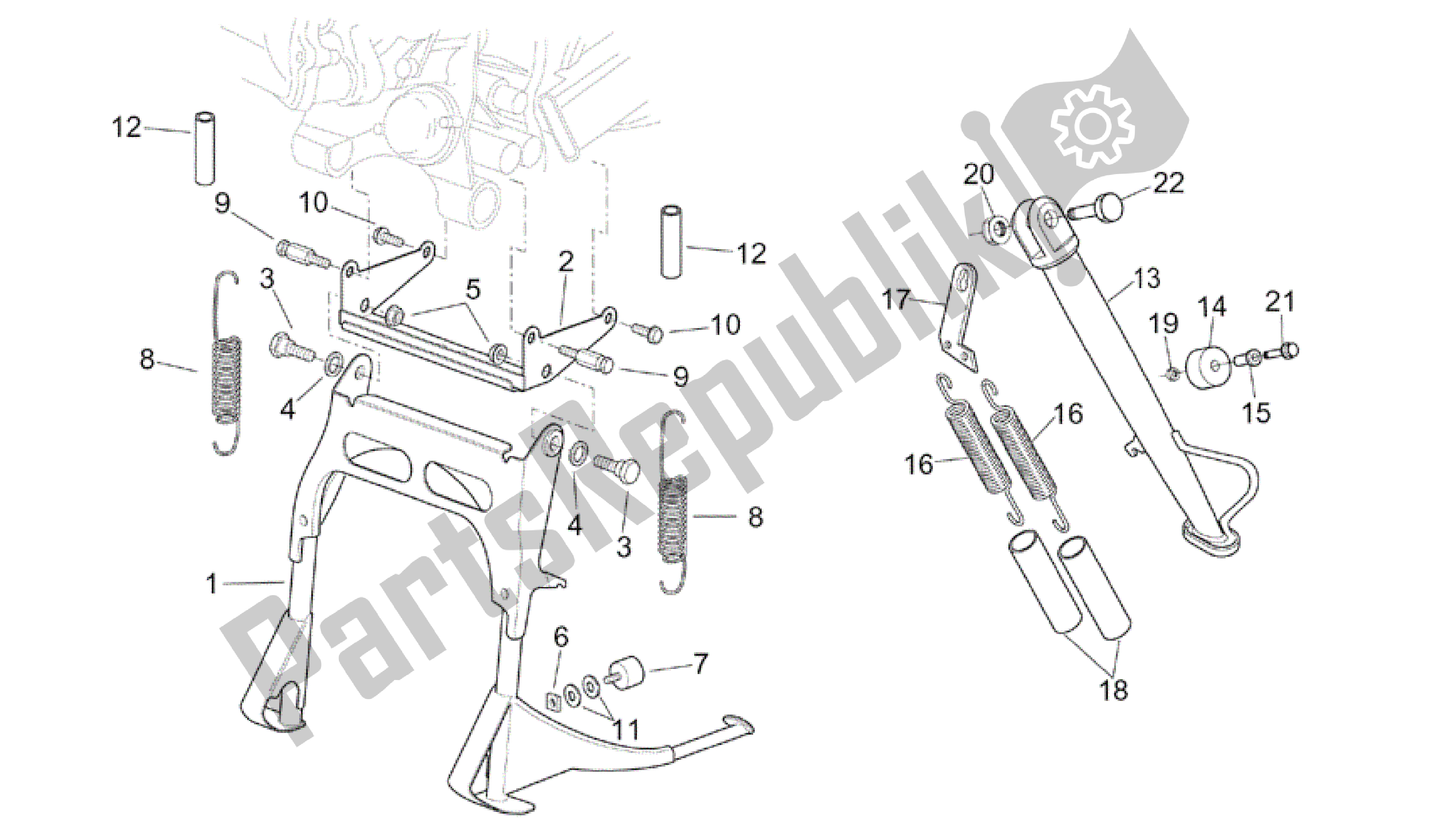 All parts for the Central Stand of the Aprilia Scarabeo 150 1999 - 2004