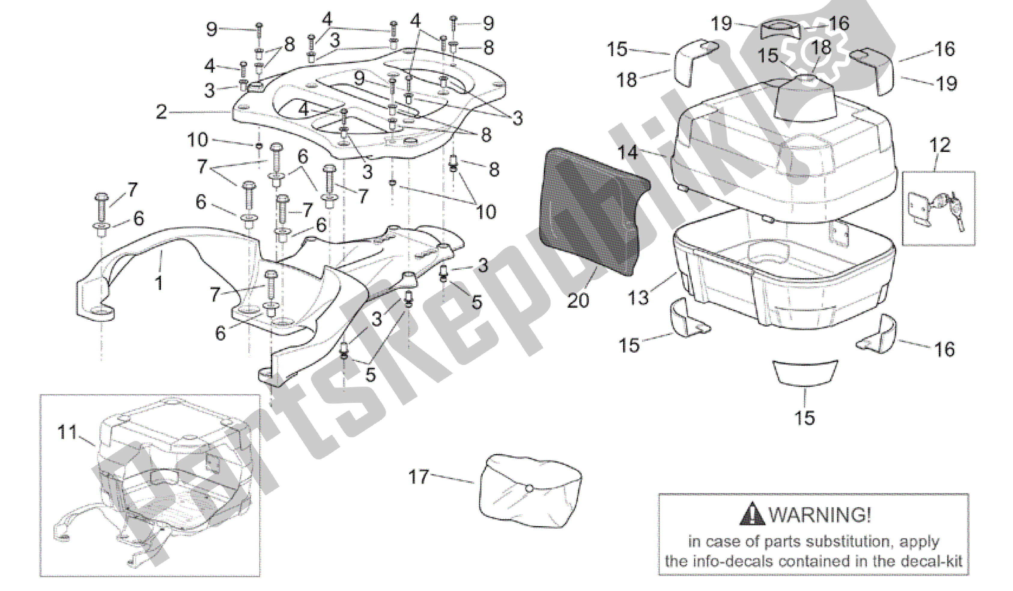Alle onderdelen voor de Topkoffer Met Angularjs van de Aprilia Scarabeo 150 1999 - 2004