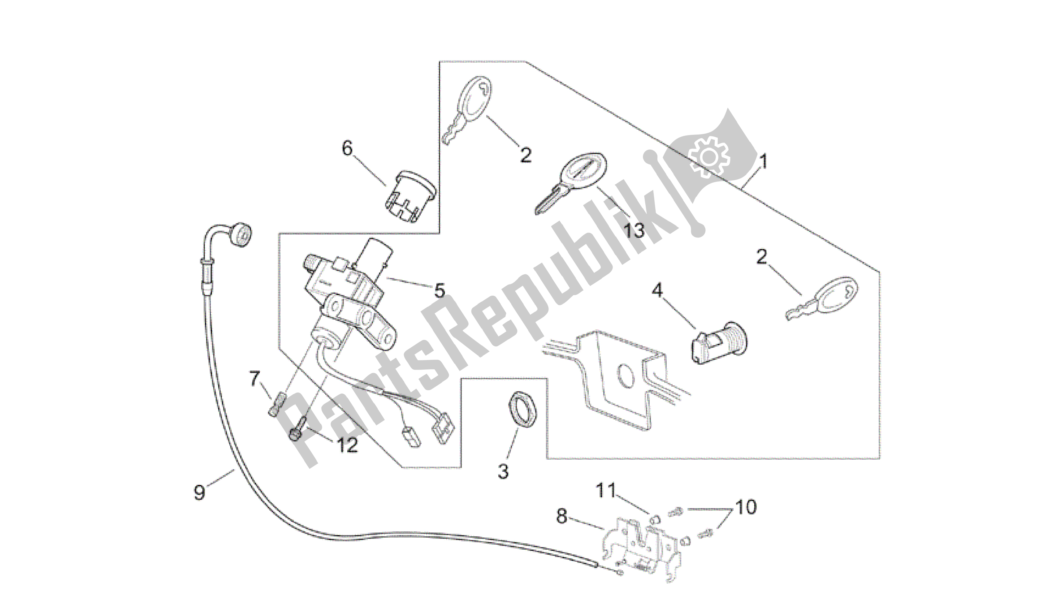 All parts for the Lock Hardware Kit of the Aprilia Scarabeo 200 1999 - 2004