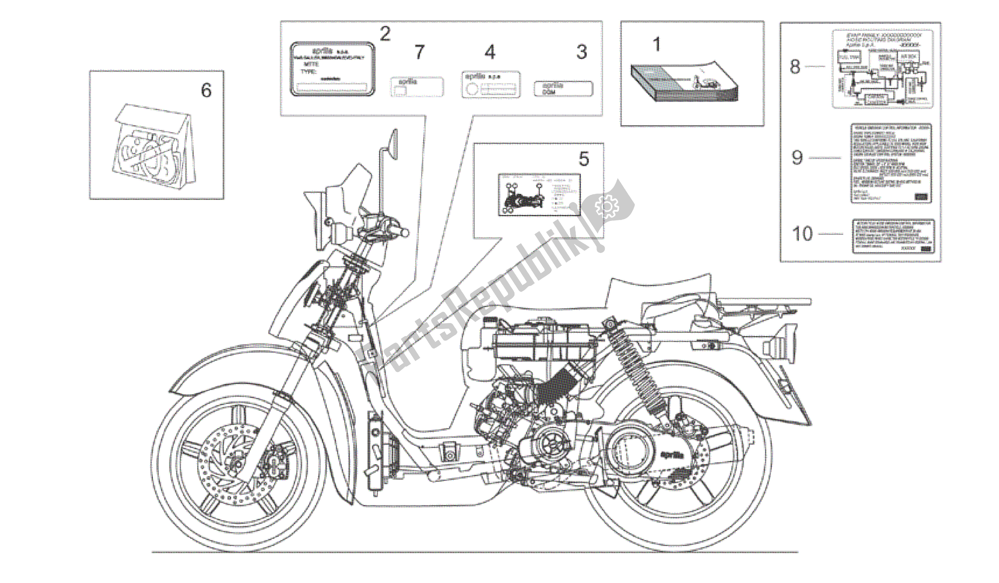 Tutte le parti per il Set Di Piatti E Manuali del Aprilia Scarabeo 200 1999 - 2004