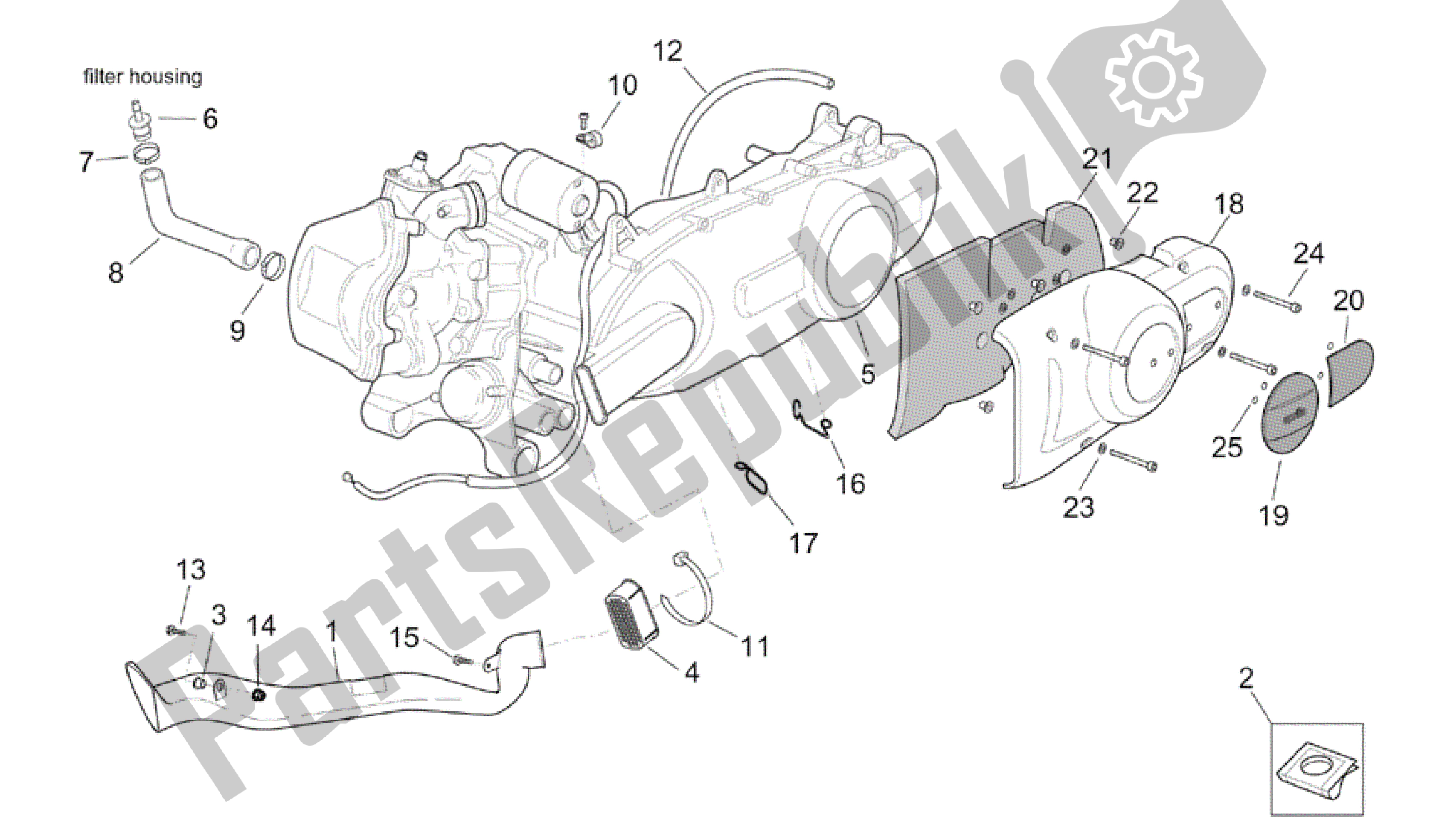 All parts for the Engine Assembly of the Aprilia Scarabeo 200 1999 - 2004