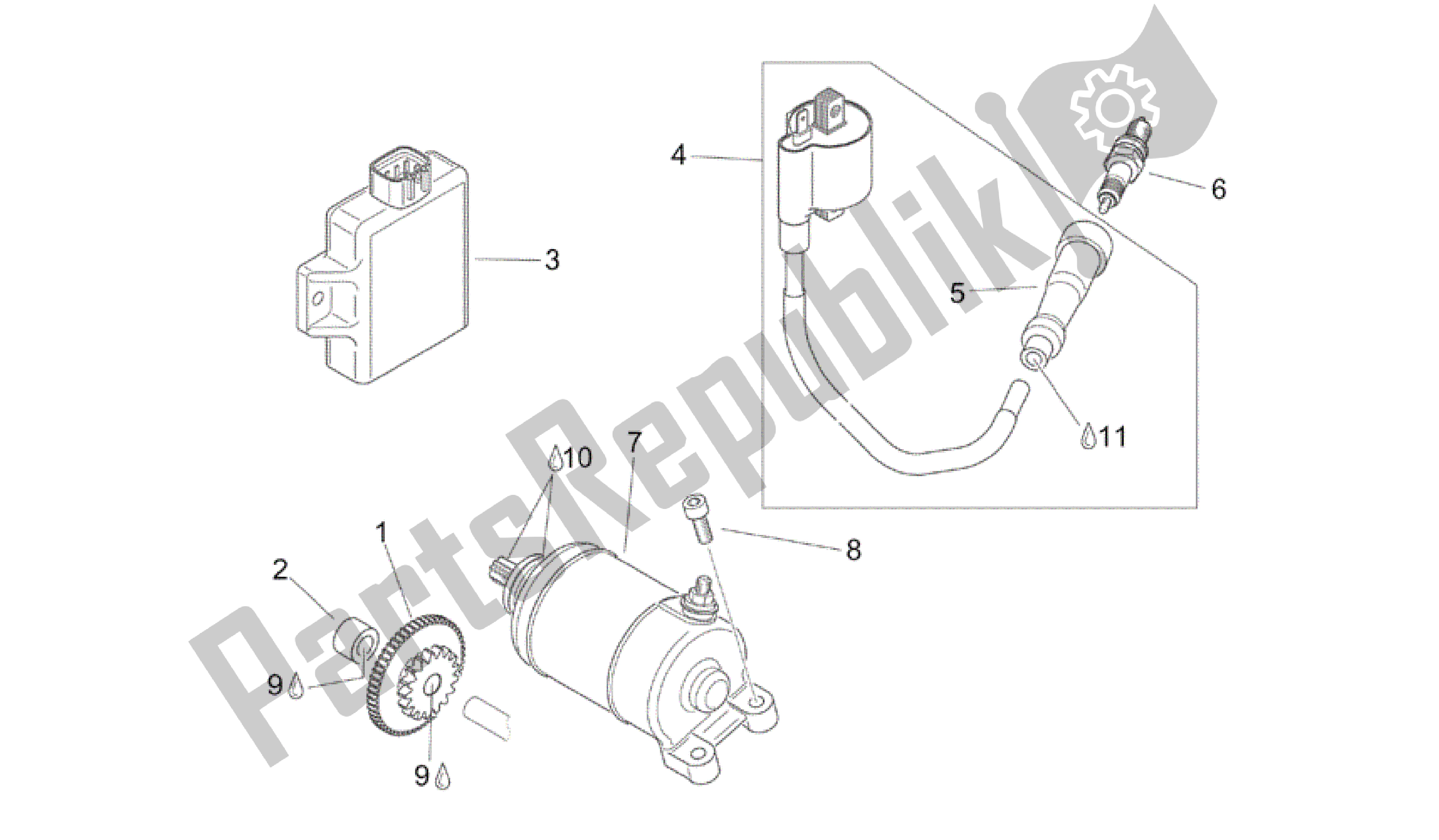 All parts for the Starter Motor of the Aprilia Scarabeo 200 1999 - 2004