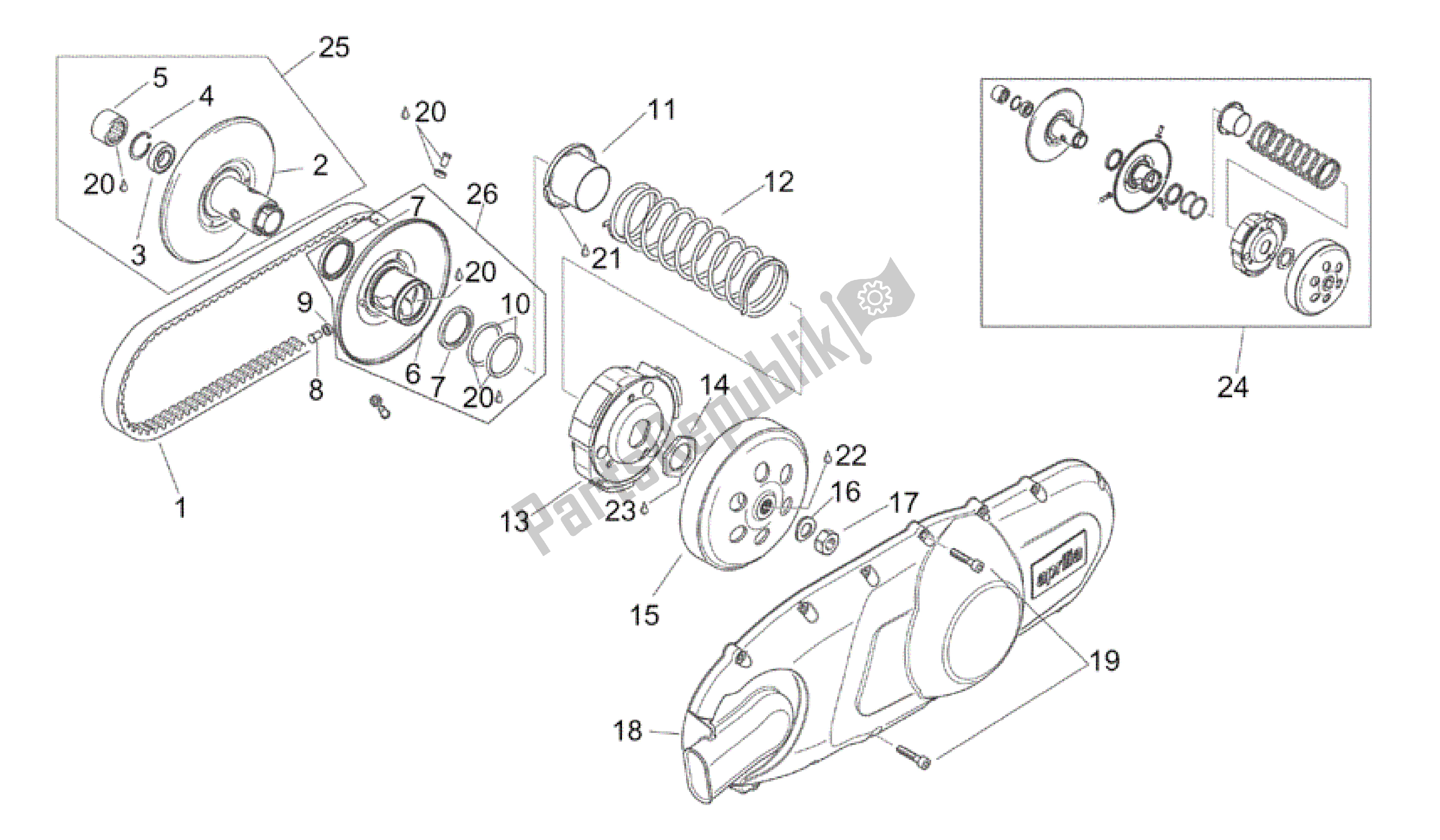 Toutes les pièces pour le Ensemble Poulie, Entraîné du Aprilia Scarabeo 200 1999 - 2004