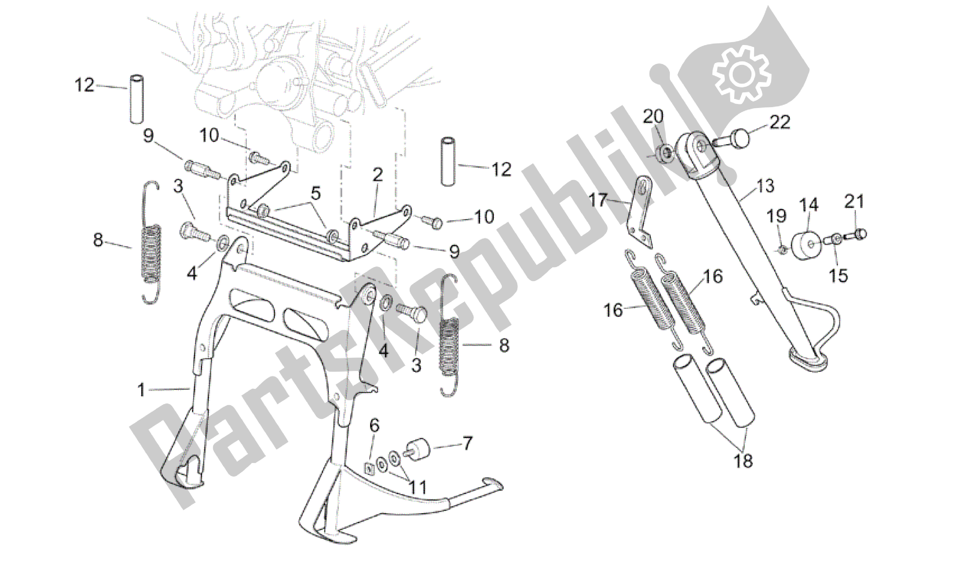 All parts for the Central Stand of the Aprilia Scarabeo 200 1999 - 2004