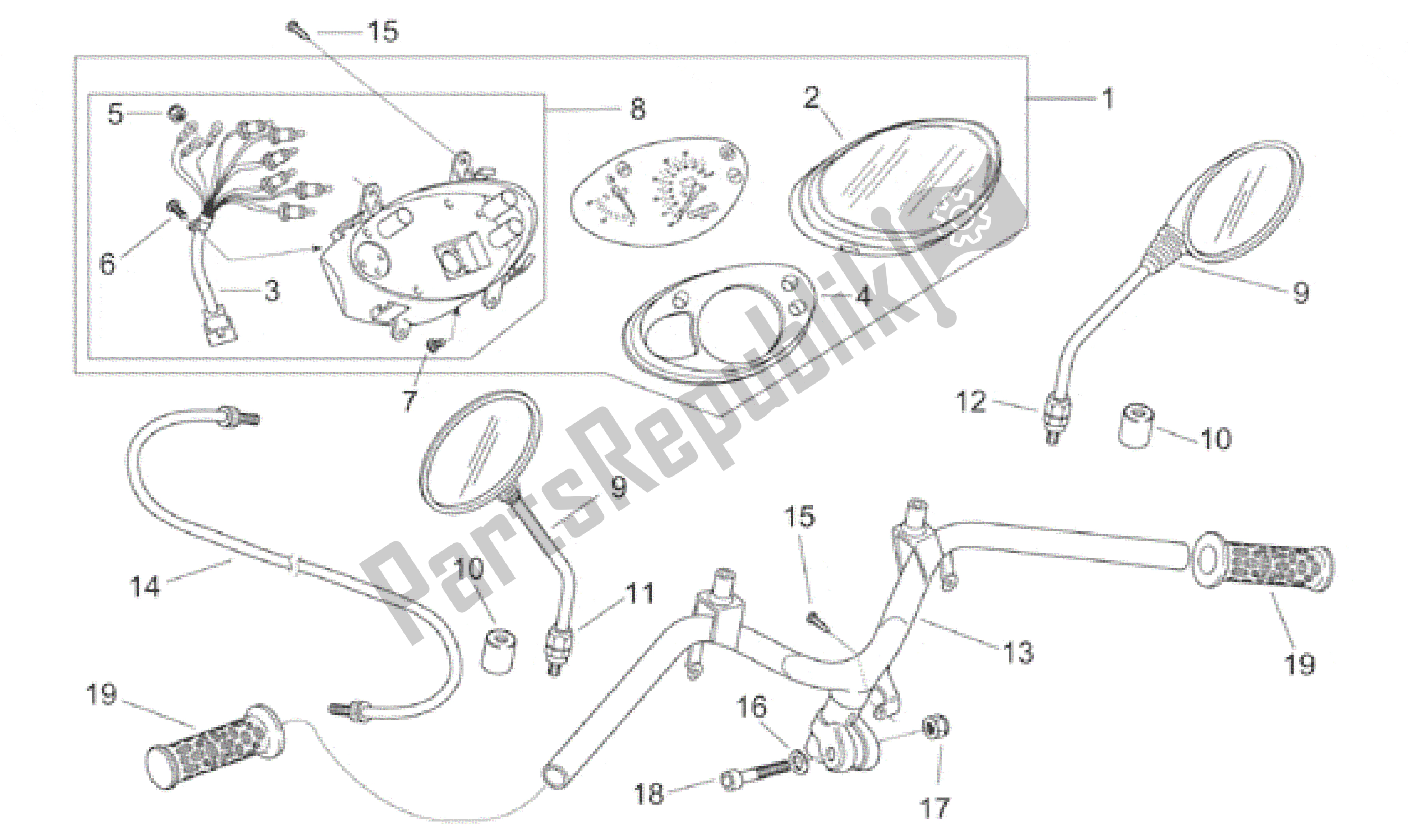 All parts for the Handlebar - Dashboard of the Aprilia Scarabeo 100 2000