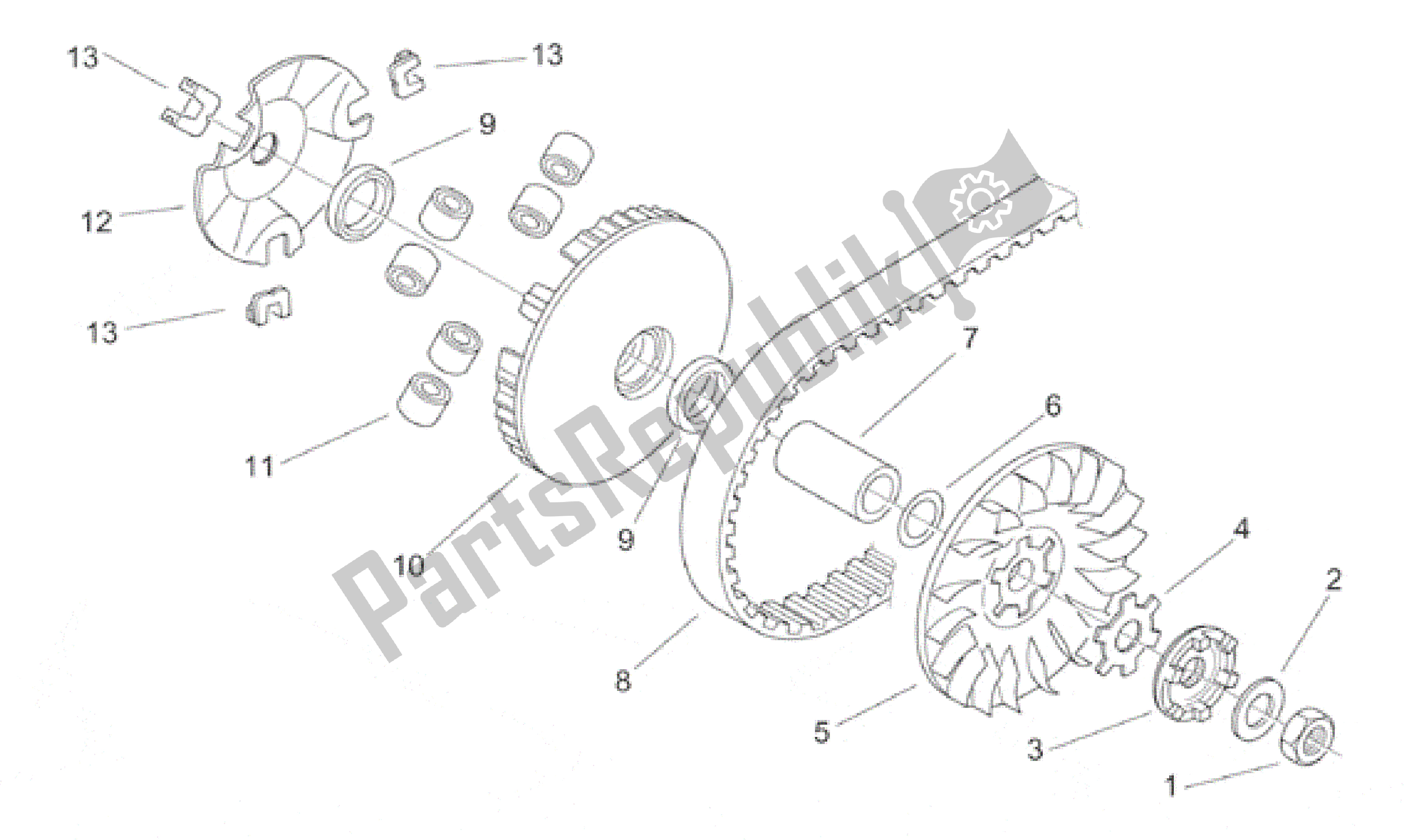 All parts for the Variator of the Aprilia Scarabeo 100 2000