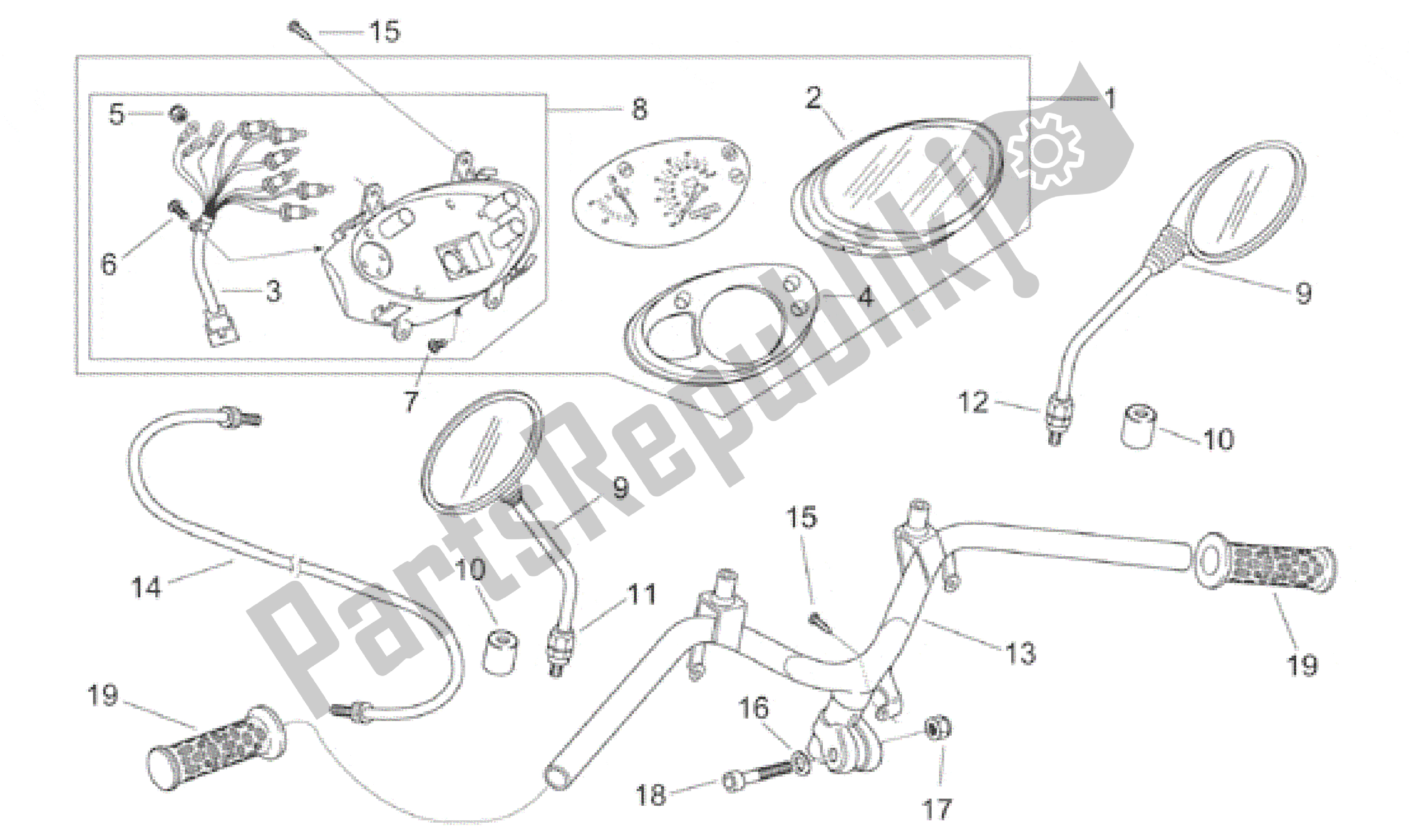 All parts for the Handlebar - Dashboard of the Aprilia Scarabeo 100 2000