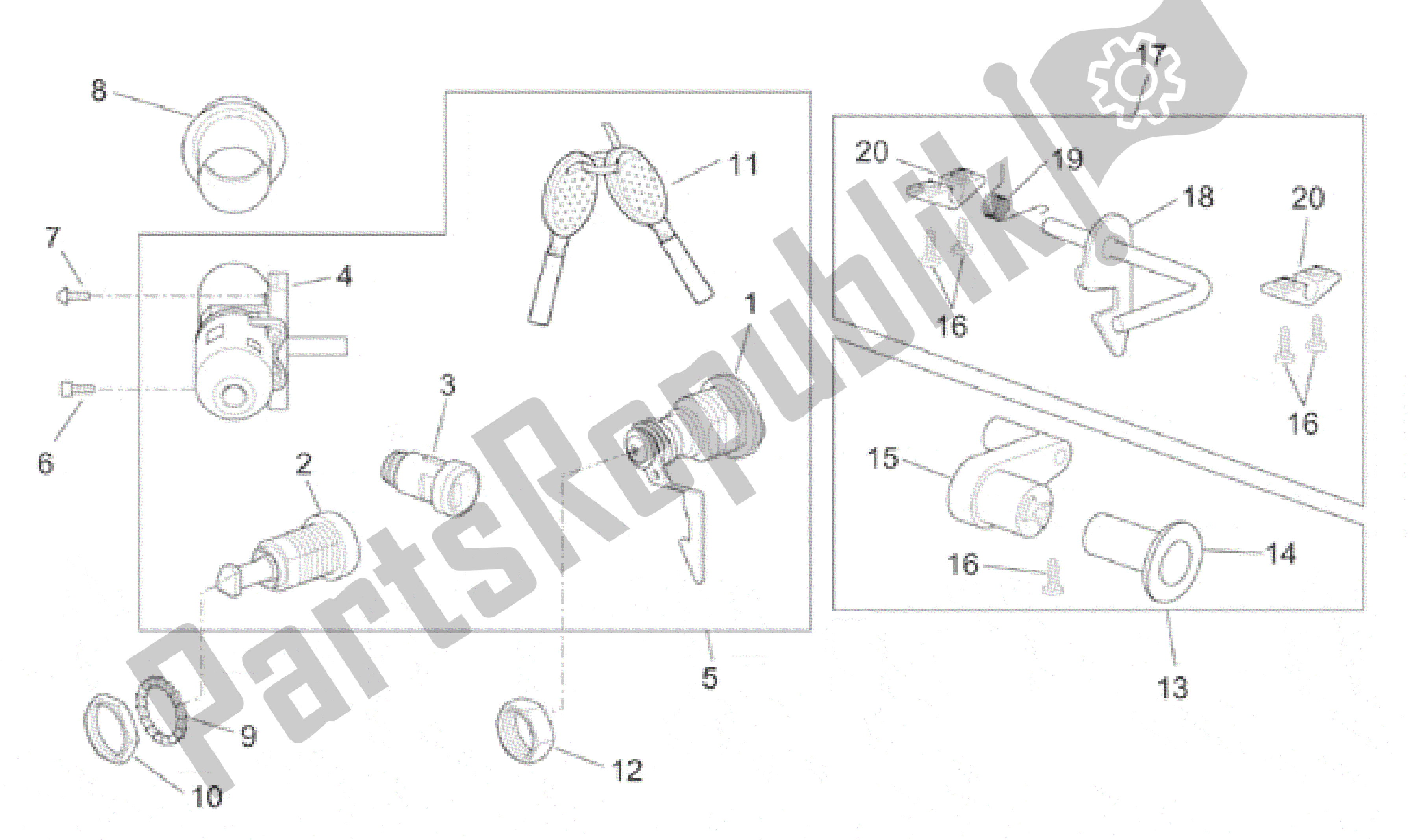 All parts for the Lock Hardware Kit of the Aprilia Scarabeo 100 2001 - 2005