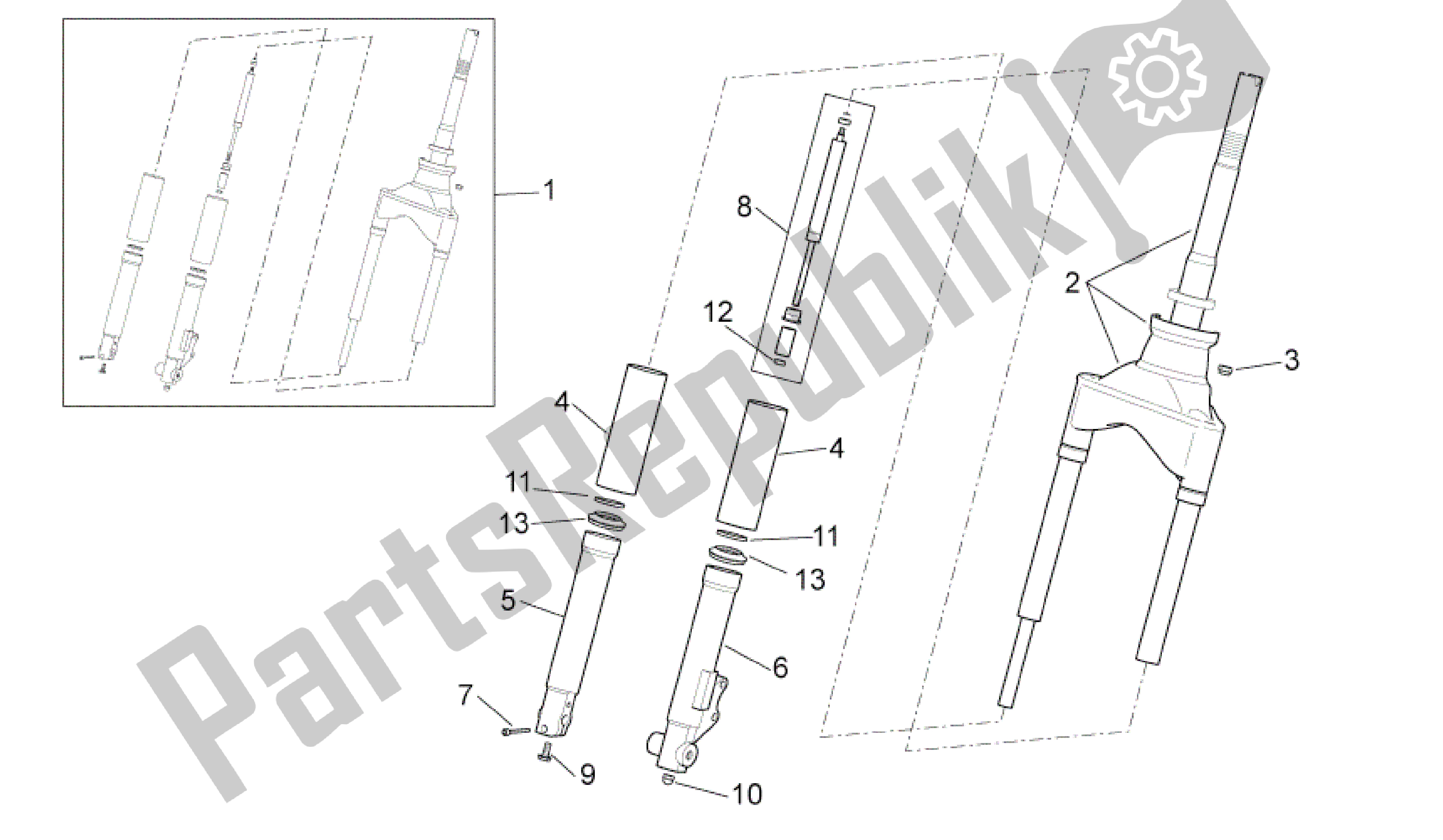 All parts for the Front Fork of the Aprilia Scarabeo 100 2006 - 2009