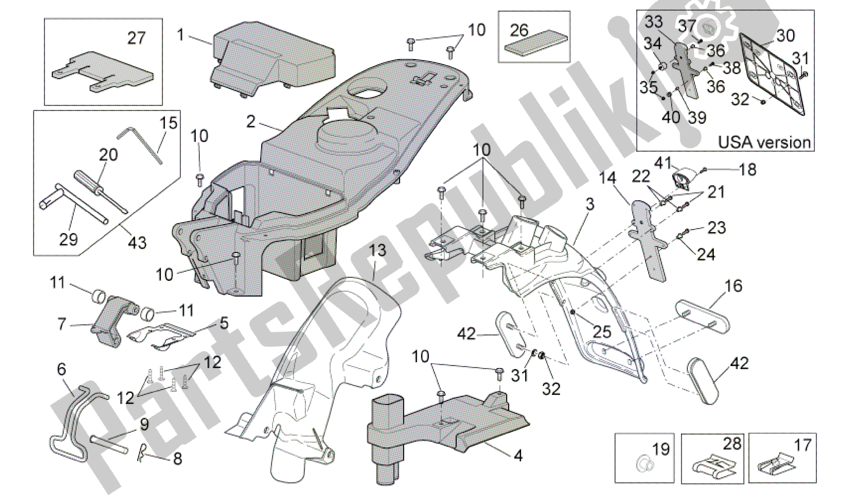 All parts for the Rear Body Ii of the Aprilia Scarabeo 100 2006 - 2009