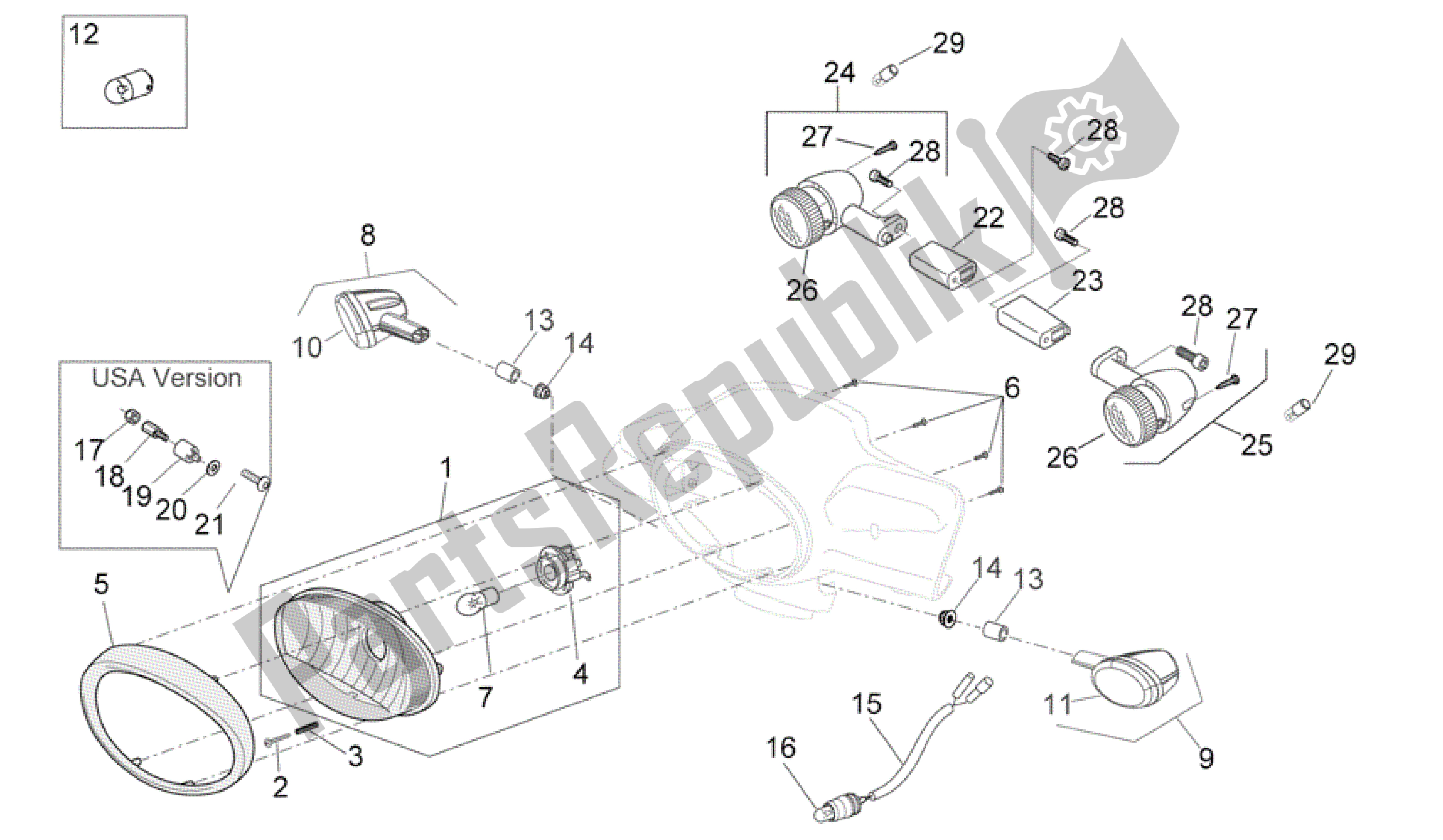 All parts for the Front Lights of the Aprilia Scarabeo 100 2006 - 2009