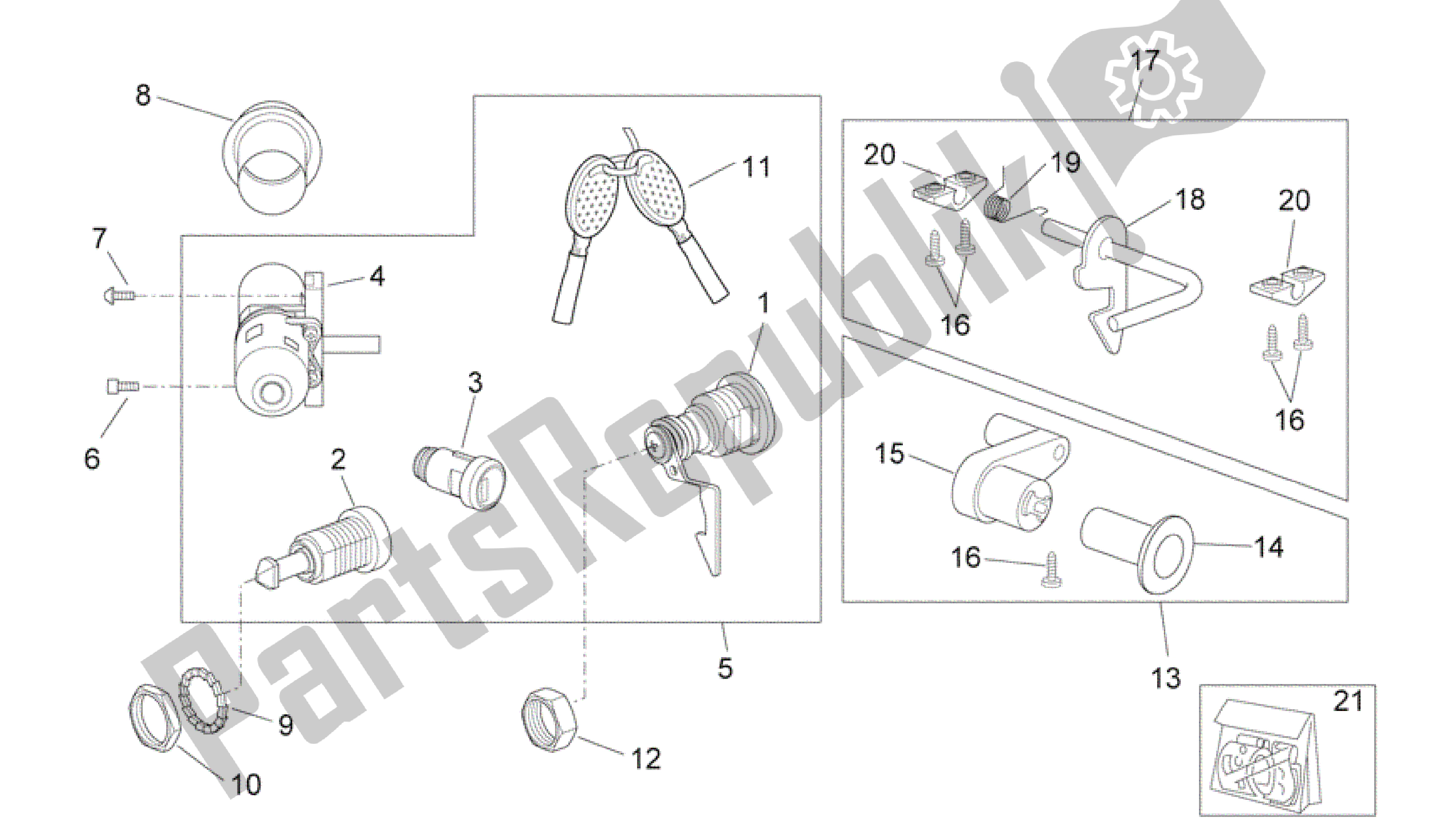 All parts for the Decal - Lock Hardware Kit of the Aprilia Scarabeo 100 2006 - 2009