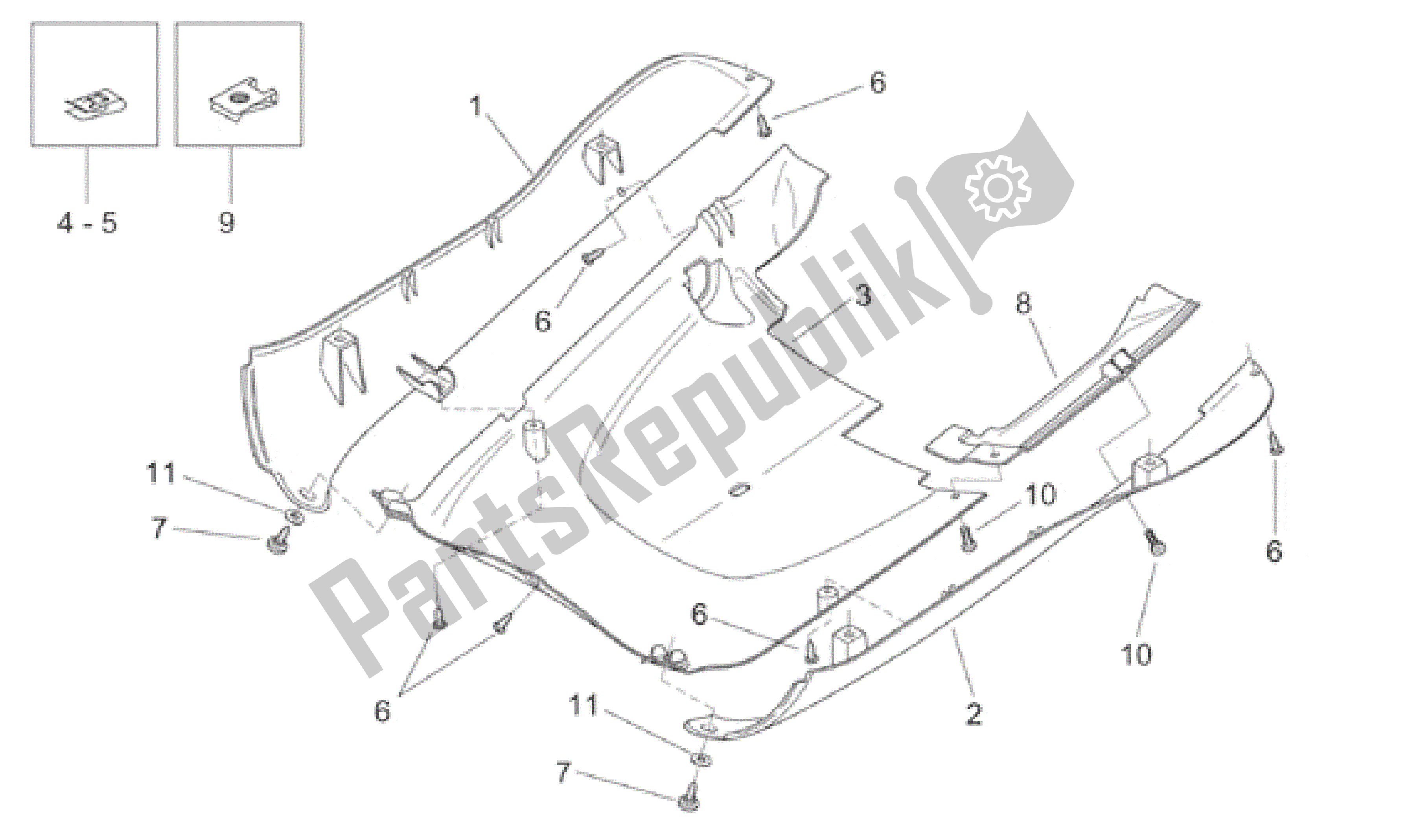 Todas las partes para Cuerpo Central - Panel Inferior de Aprilia Habana 125 1999 - 2001