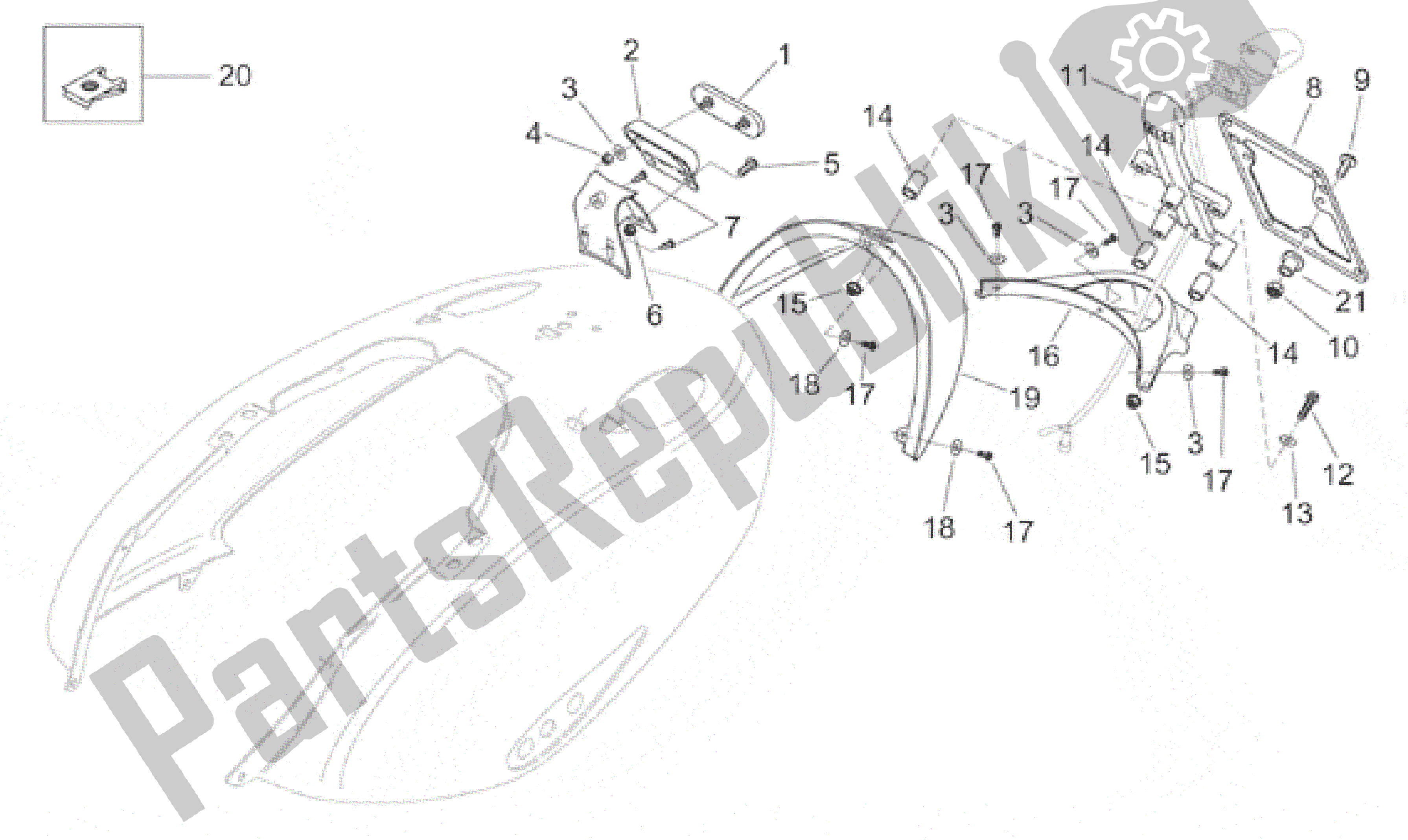 All parts for the Rear Body - Plate Holder of the Aprilia Habana 125 1999 - 2001
