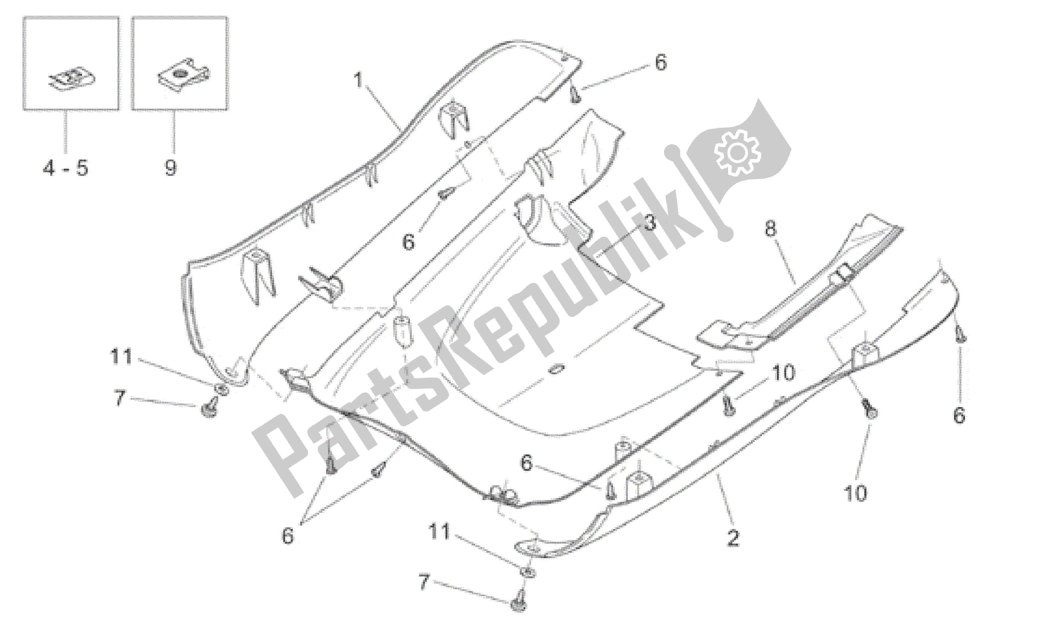 All parts for the Central Body - Underpanel of the Aprilia Habana 125 1999 - 2001