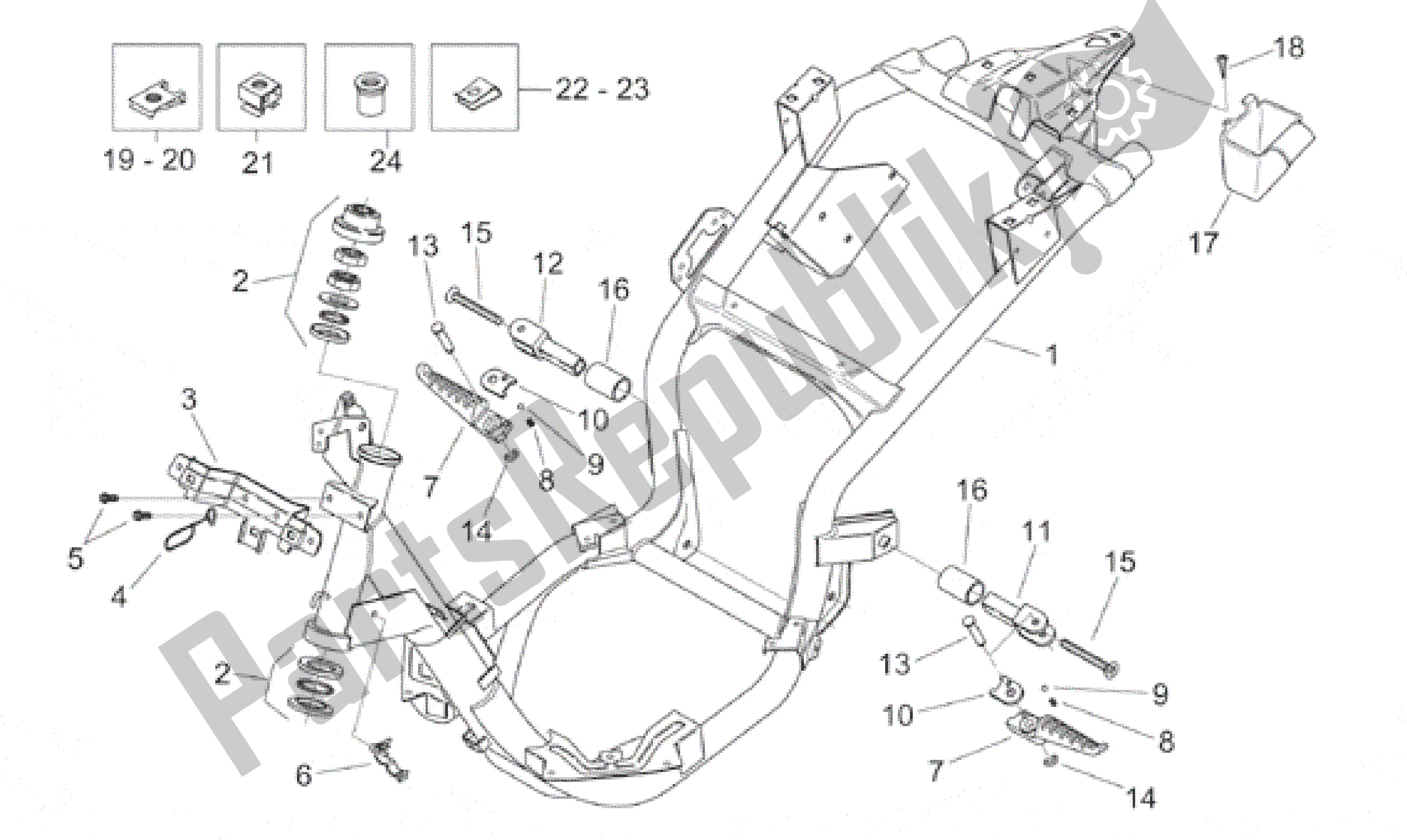 All parts for the Frame of the Aprilia Habana 125 1999 - 2001