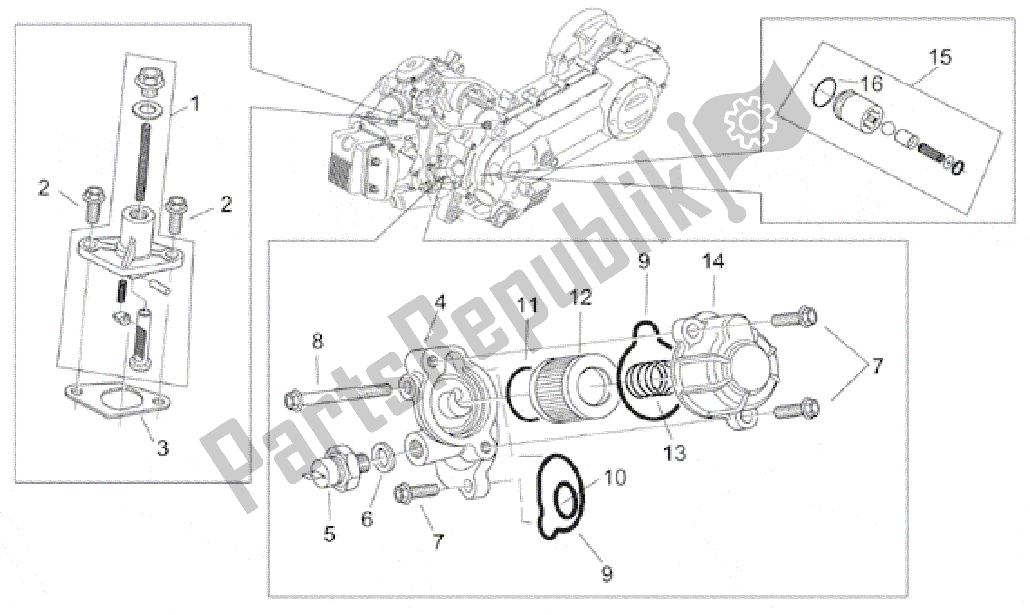All parts for the Oil Filter - Chain Tensioner of the Aprilia Habana 125 1999 - 2001