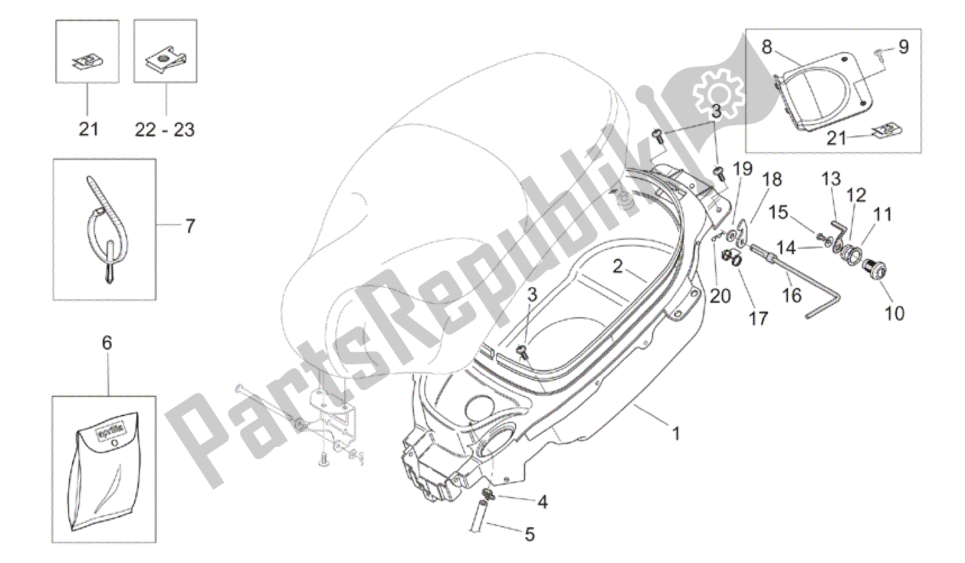 All parts for the Helmet Compartment of the Aprilia Mojito 125 2003 - 2007