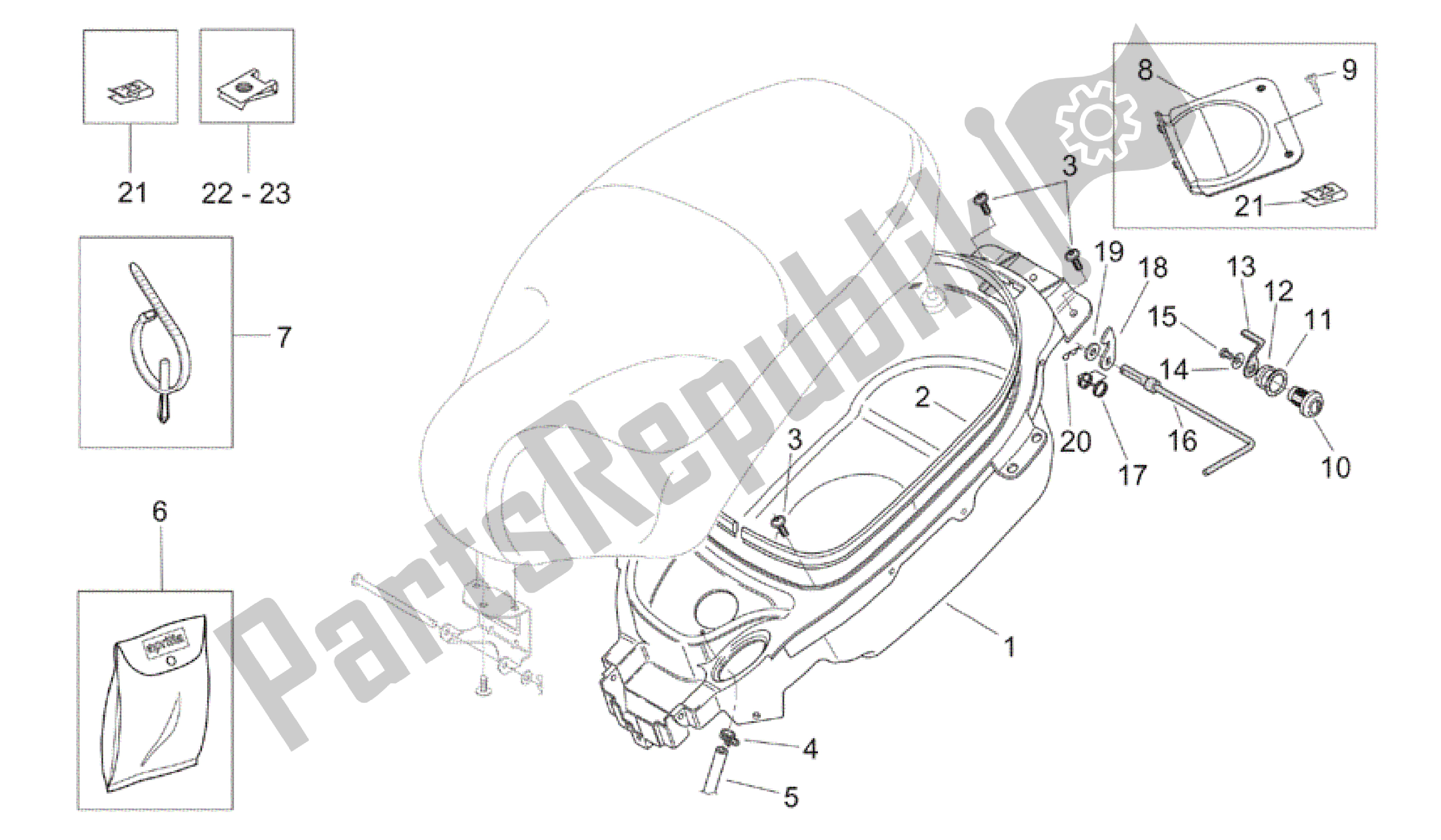 Toutes les pièces pour le Compartiment Pour Casque du Aprilia Mojito 125 2003 - 2007