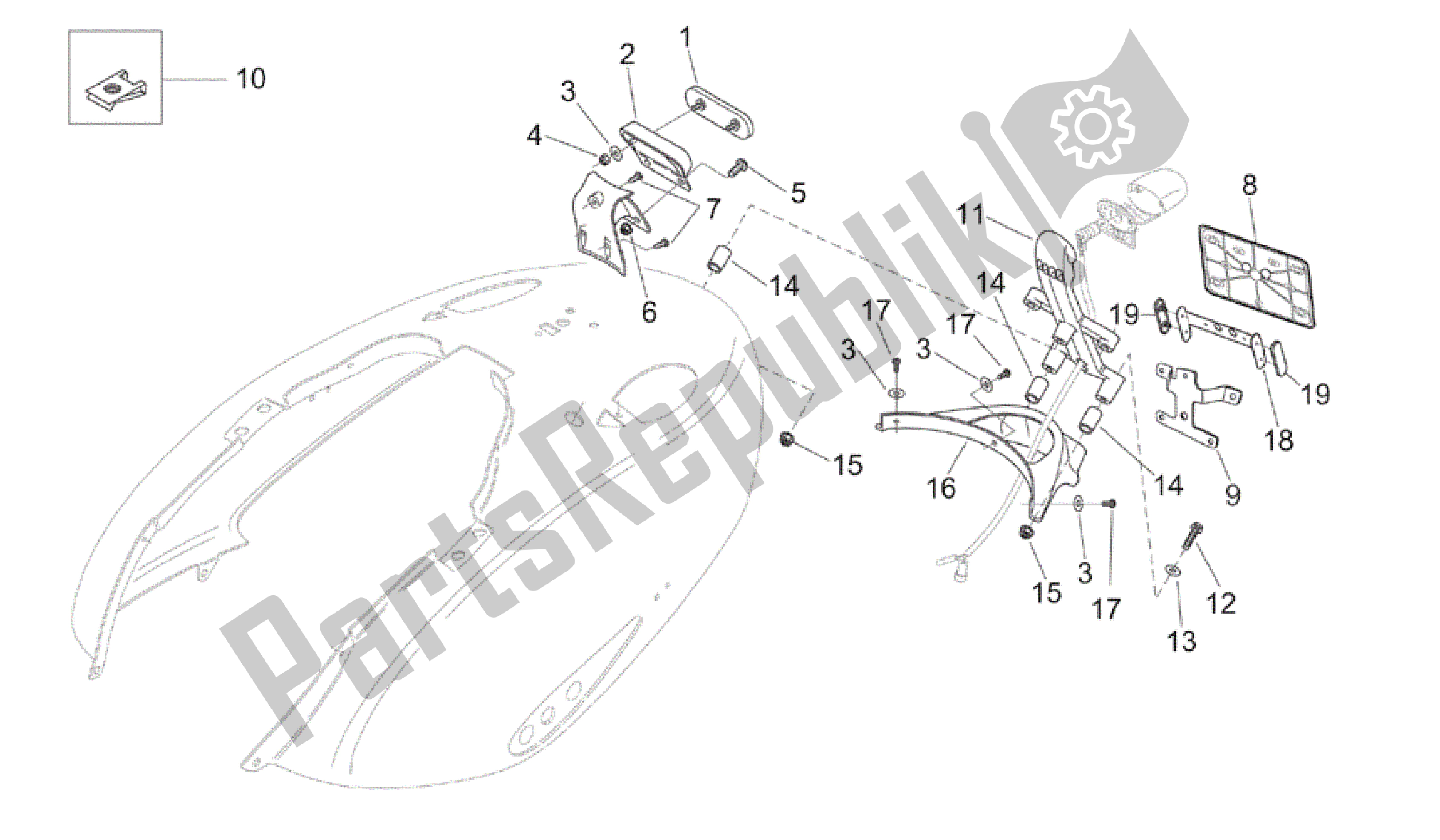 Alle Teile für das Hinterer Karosserieplattenhalter des Aprilia Mojito 125 2003 - 2007