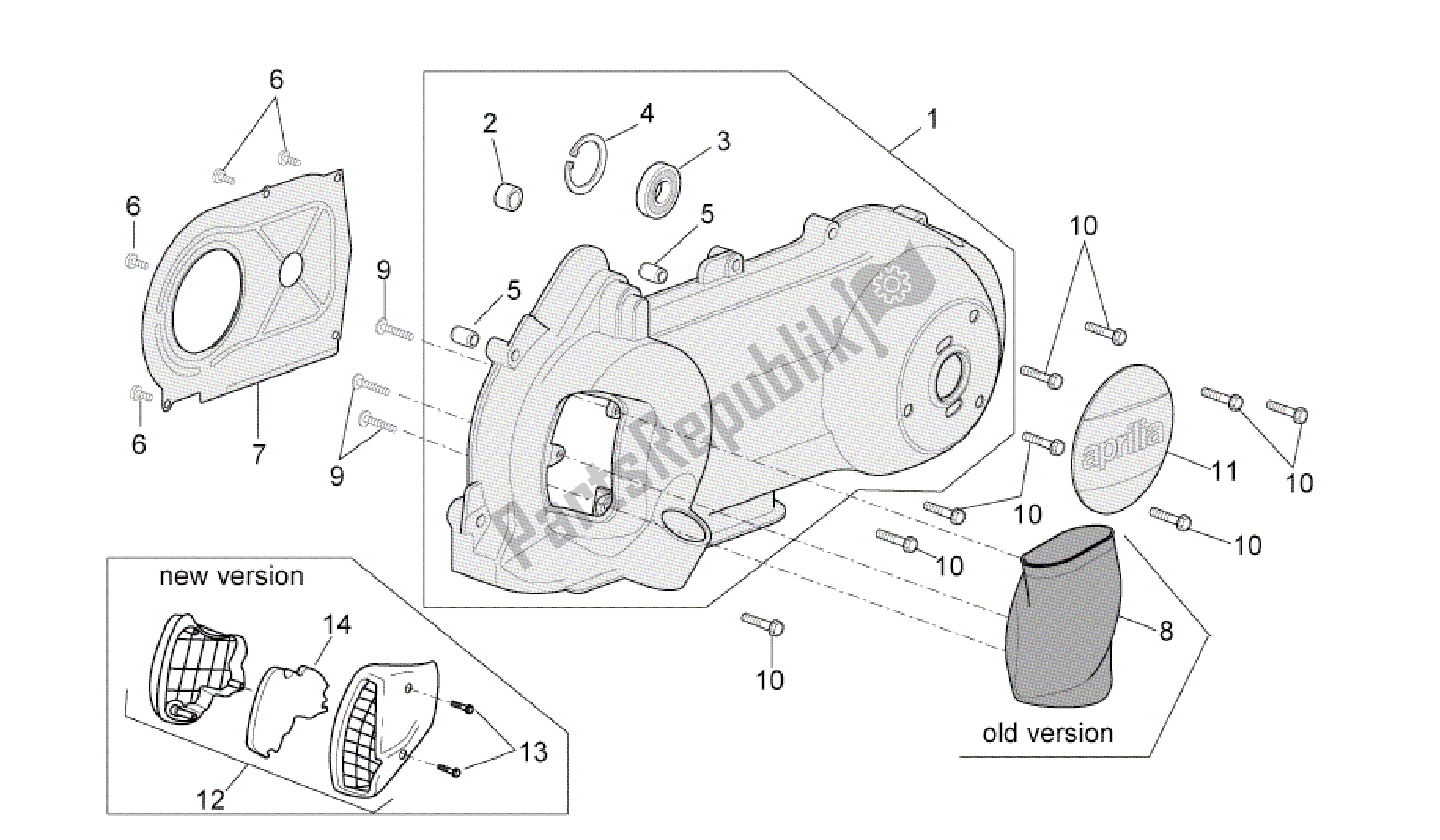 All parts for the Transmission Cover of the Aprilia Mojito 150 2003 - 2007