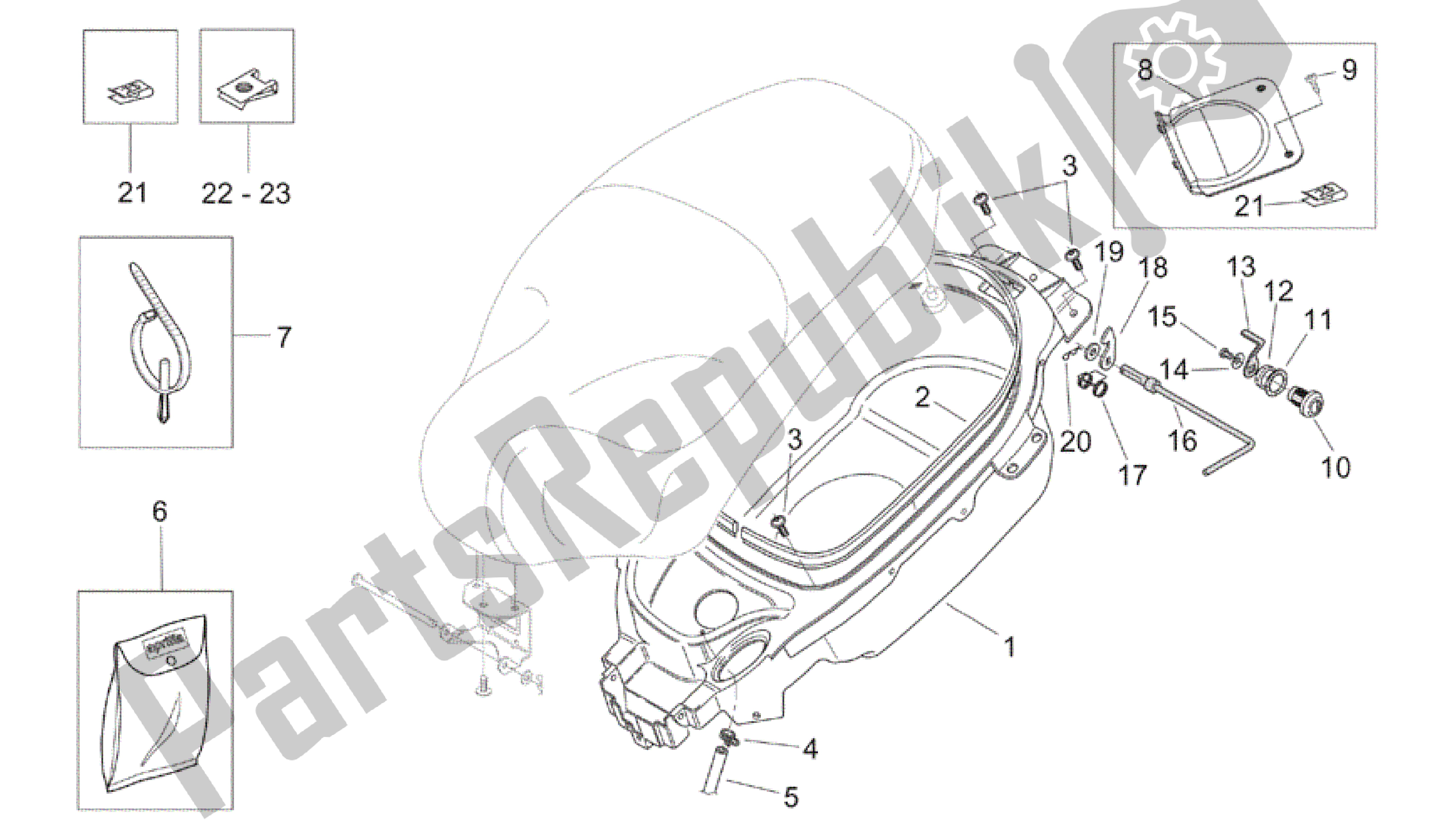 Toutes les pièces pour le Compartiment Pour Casque du Aprilia Mojito 150 2003 - 2007