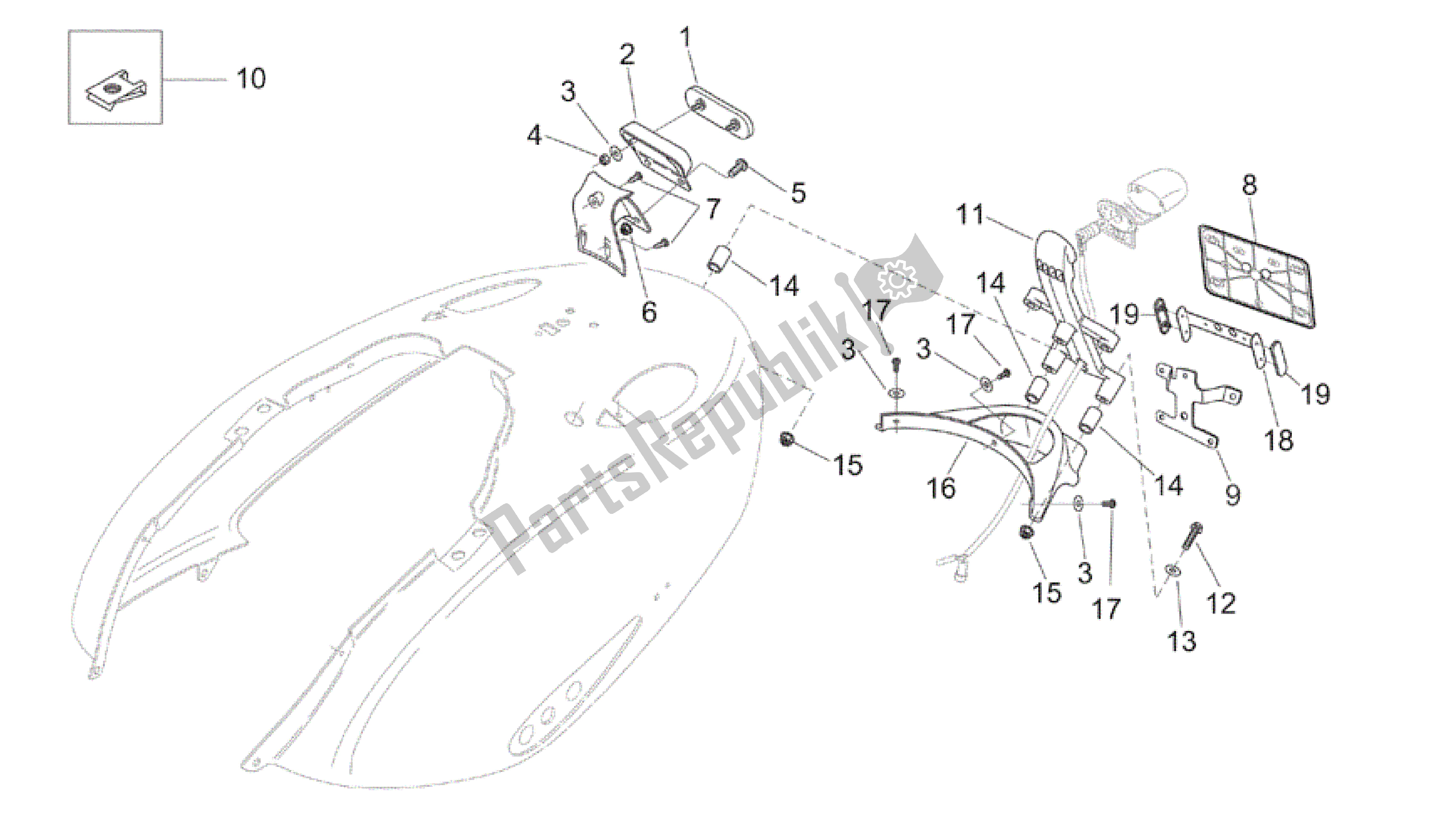 All parts for the Rear Body - Plate Holder of the Aprilia Mojito 150 2003 - 2007