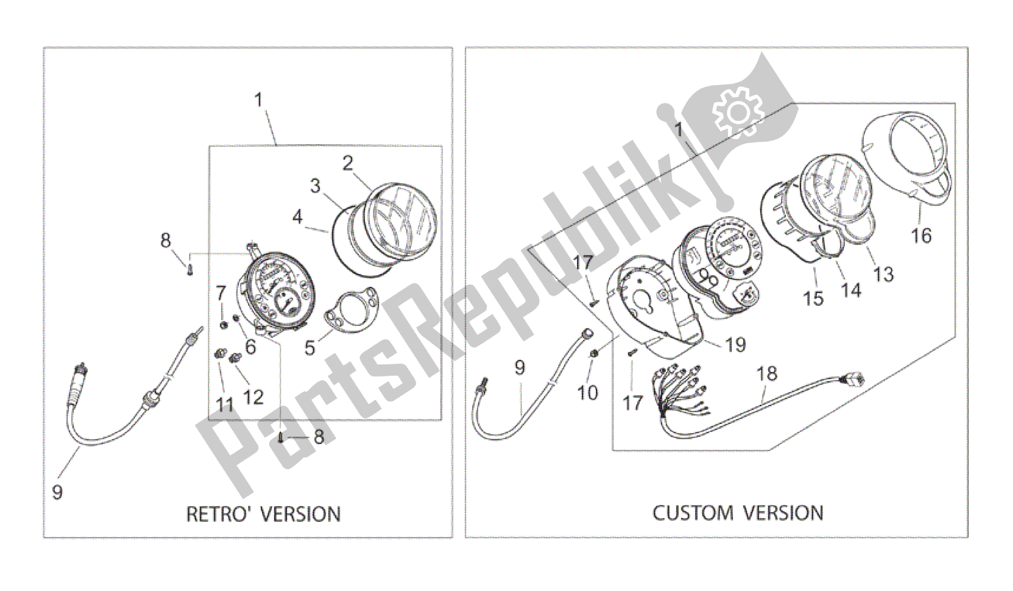 All parts for the Dashboard of the Aprilia Mojito 150 2003 - 2007