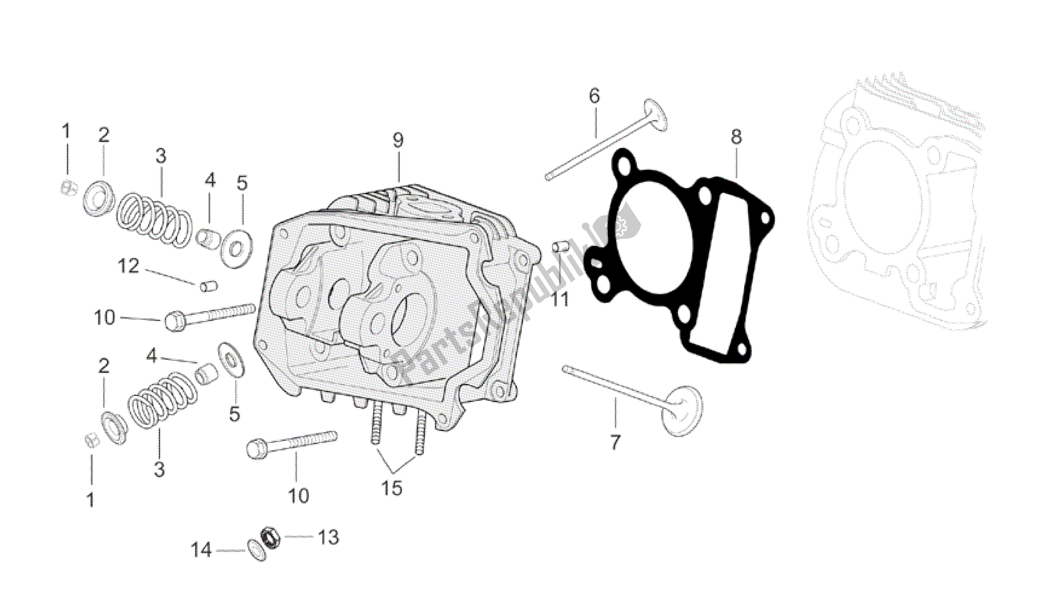 All parts for the Cylinder Head of the Aprilia Mojito 150 2003 - 2007