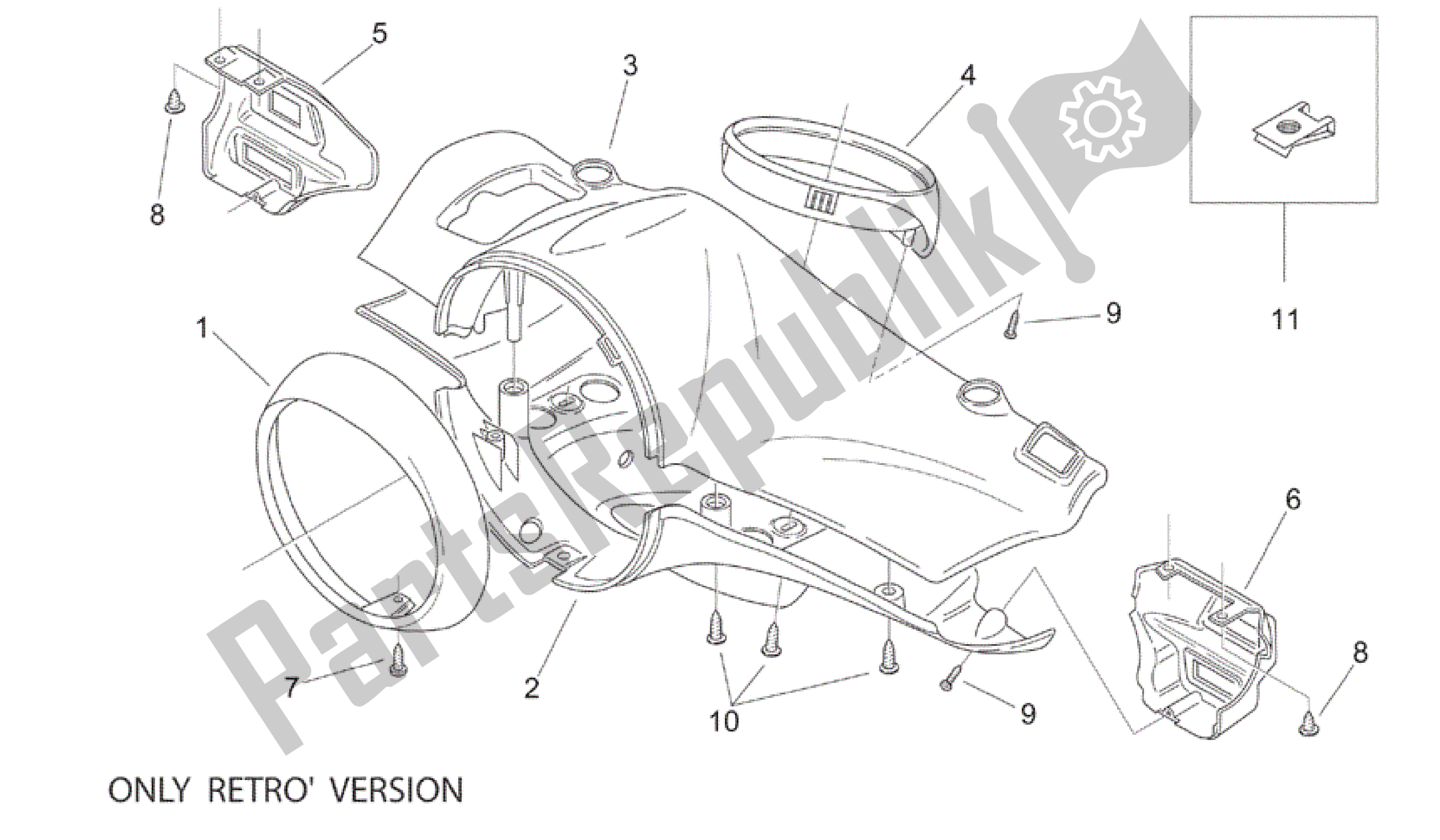 All parts for the Headlight Support - Retro' of the Aprilia Mojito 125 2003 - 2007