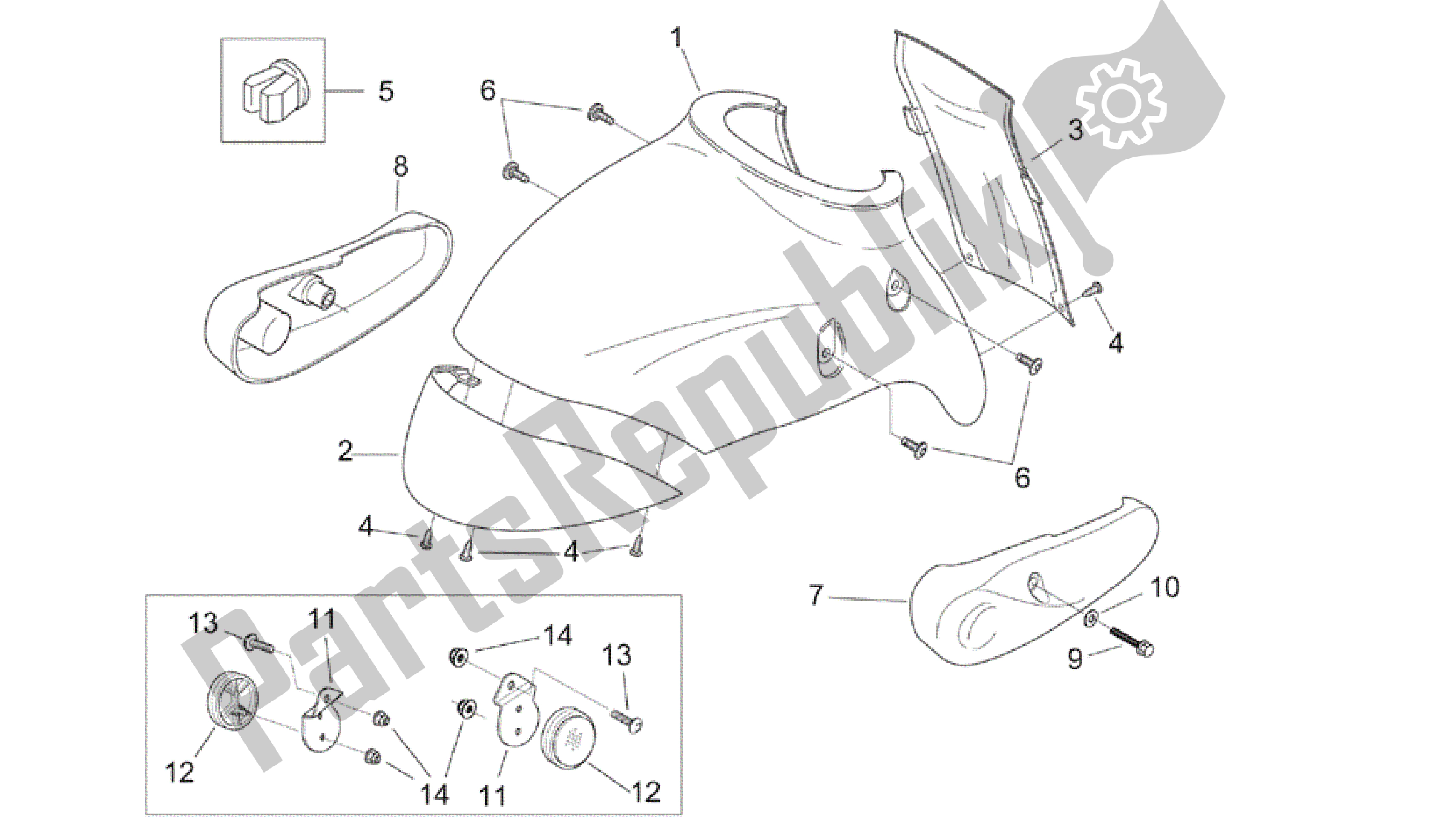 Alle onderdelen voor de Voorkant Carrosserie - Voorspatbord van de Aprilia Mojito 125 2003 - 2007