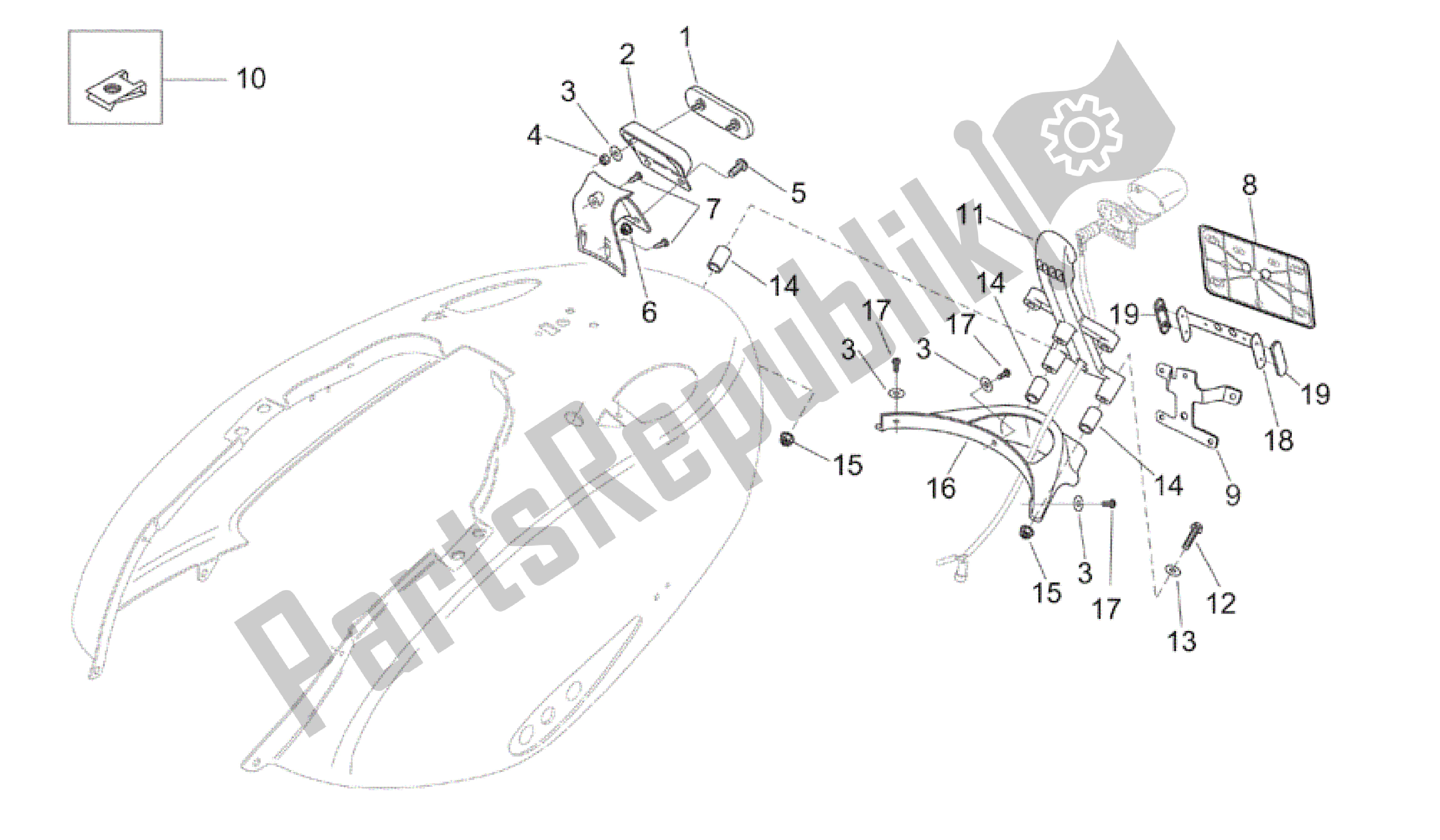 Alle Teile für das Hinterer Karosserieplattenhalter des Aprilia Mojito 125 2003 - 2007