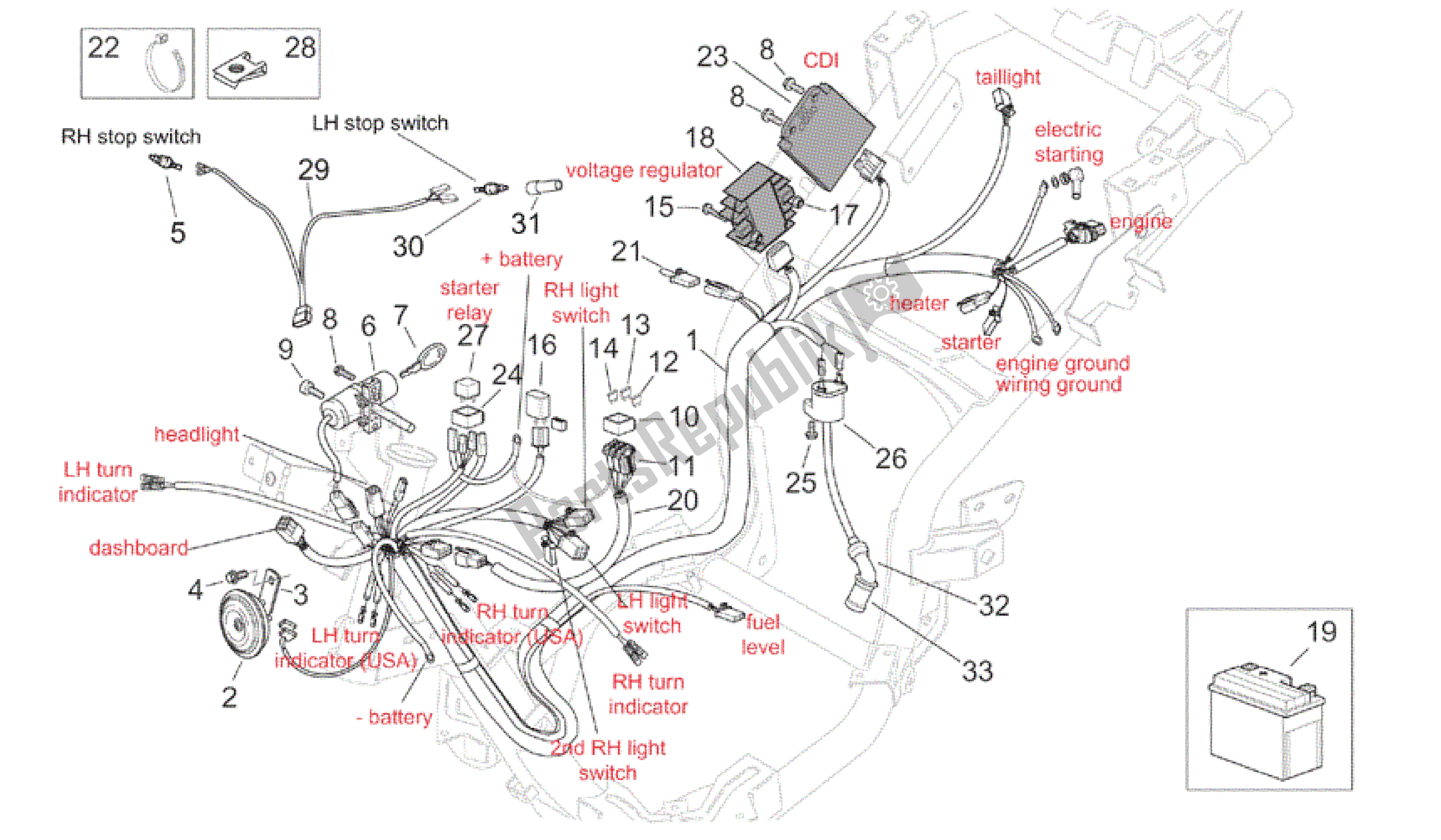 Todas as partes de Sistema Elétrico - Personalizado do Aprilia Mojito 125 2003 - 2007