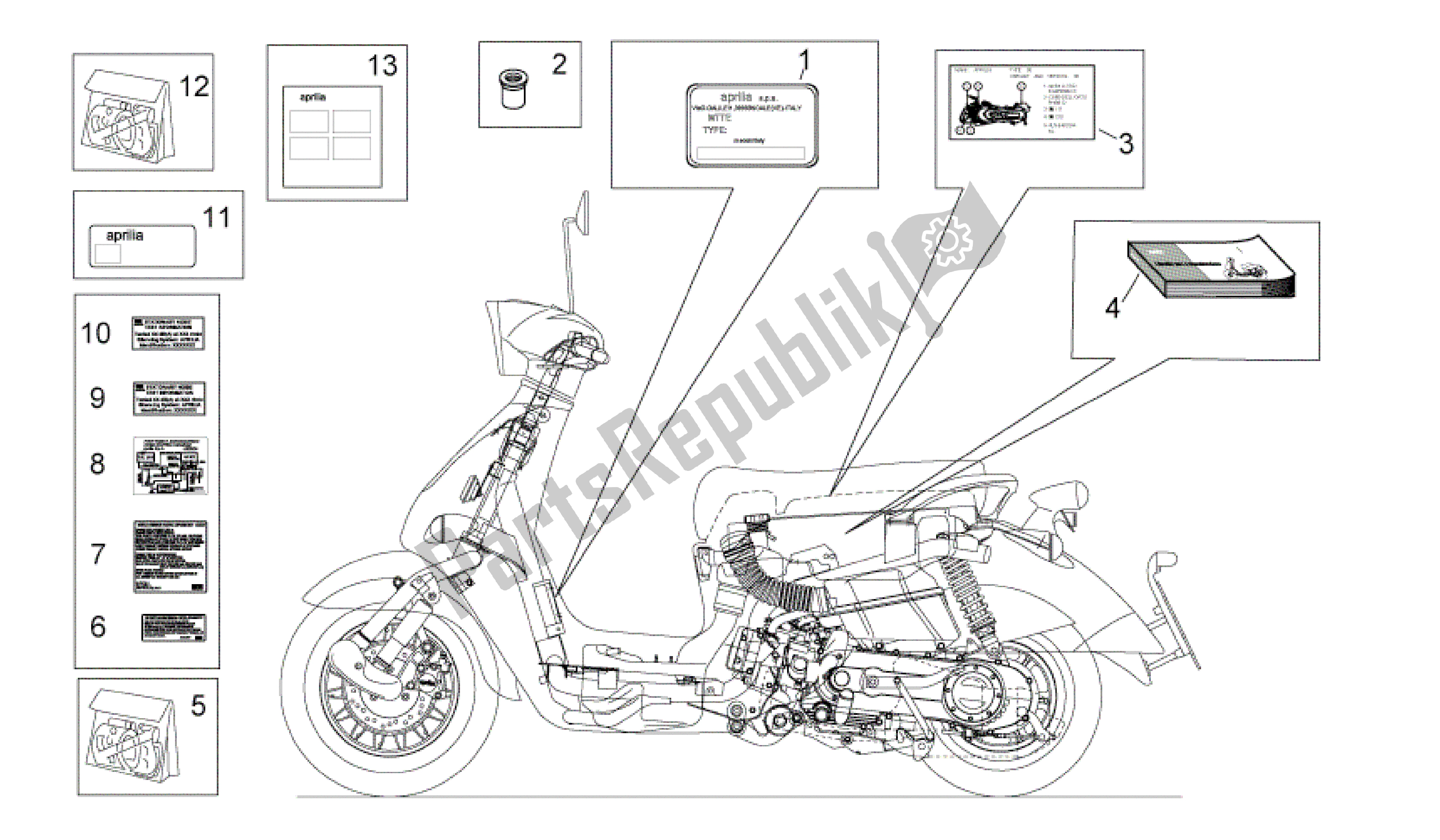 Toutes les pièces pour le Assiette Set-decal-op. Handbooks du Aprilia Mojito 125 2003 - 2007