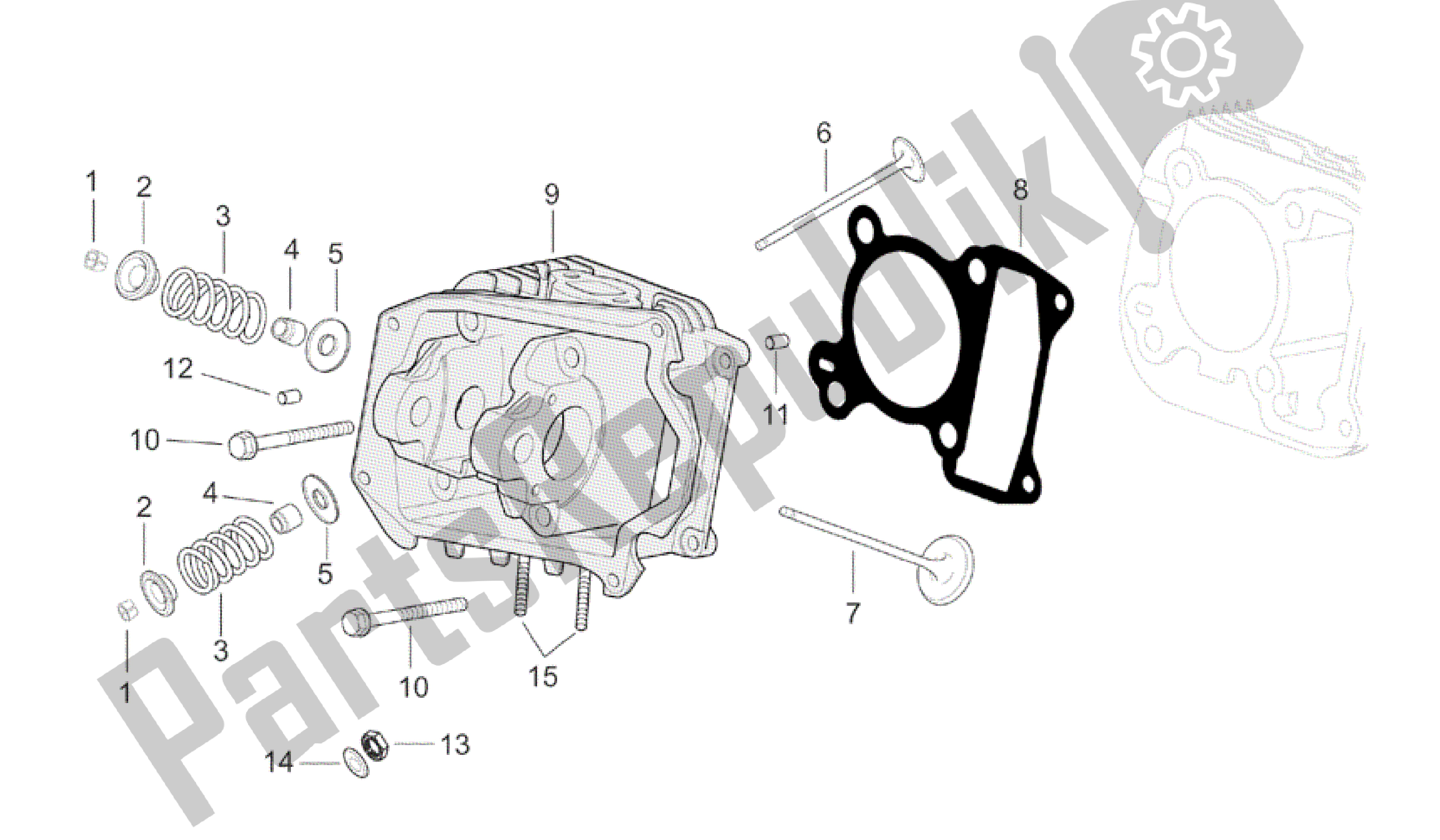 All parts for the Cylinder Head of the Aprilia Mojito 125 2003 - 2007