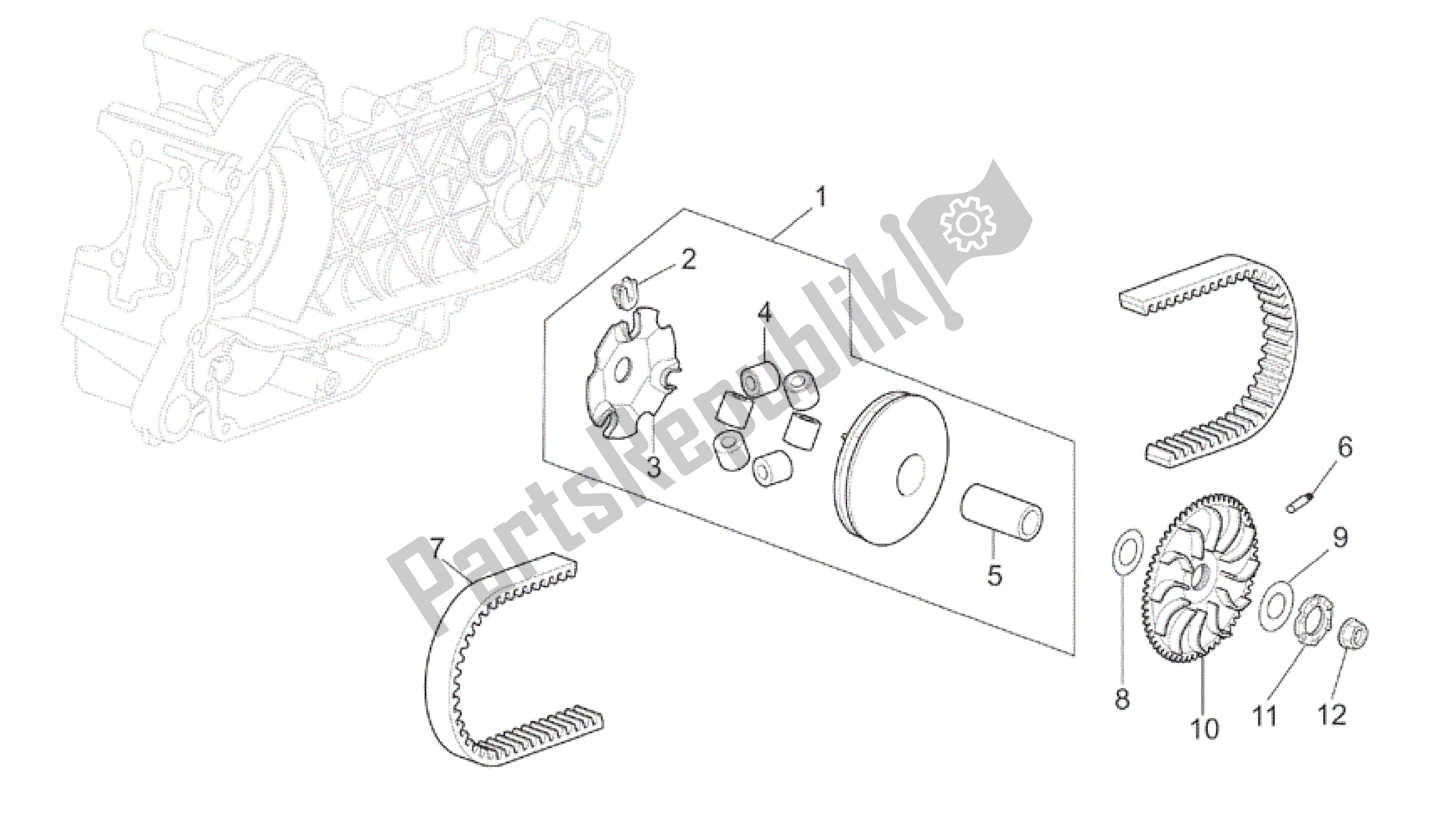 All parts for the Variator Assembly of the Aprilia Mojito 125 2003 - 2007