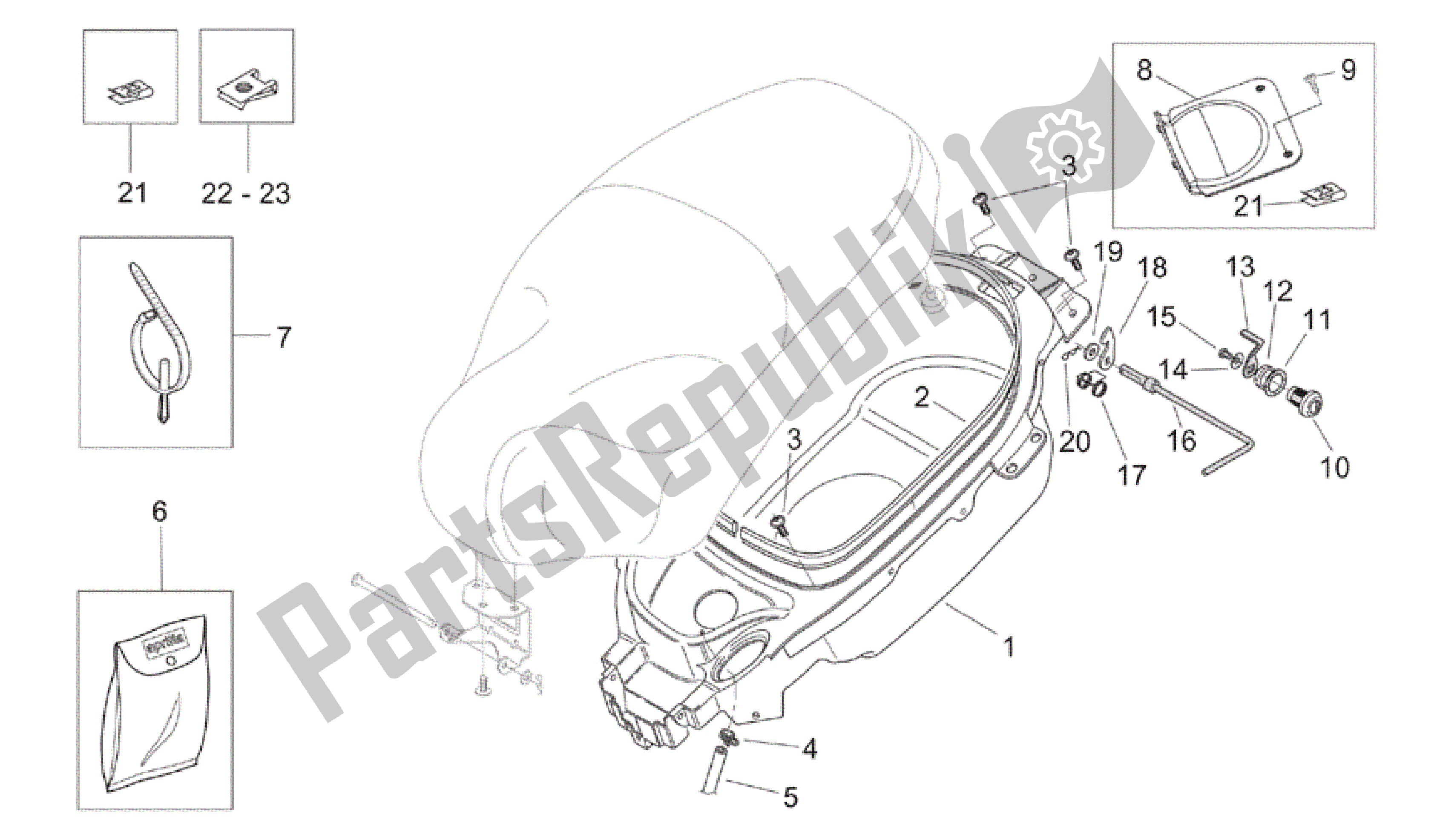 Alle onderdelen voor de Helm Compartiment van de Aprilia Mojito 150 2003 - 2007