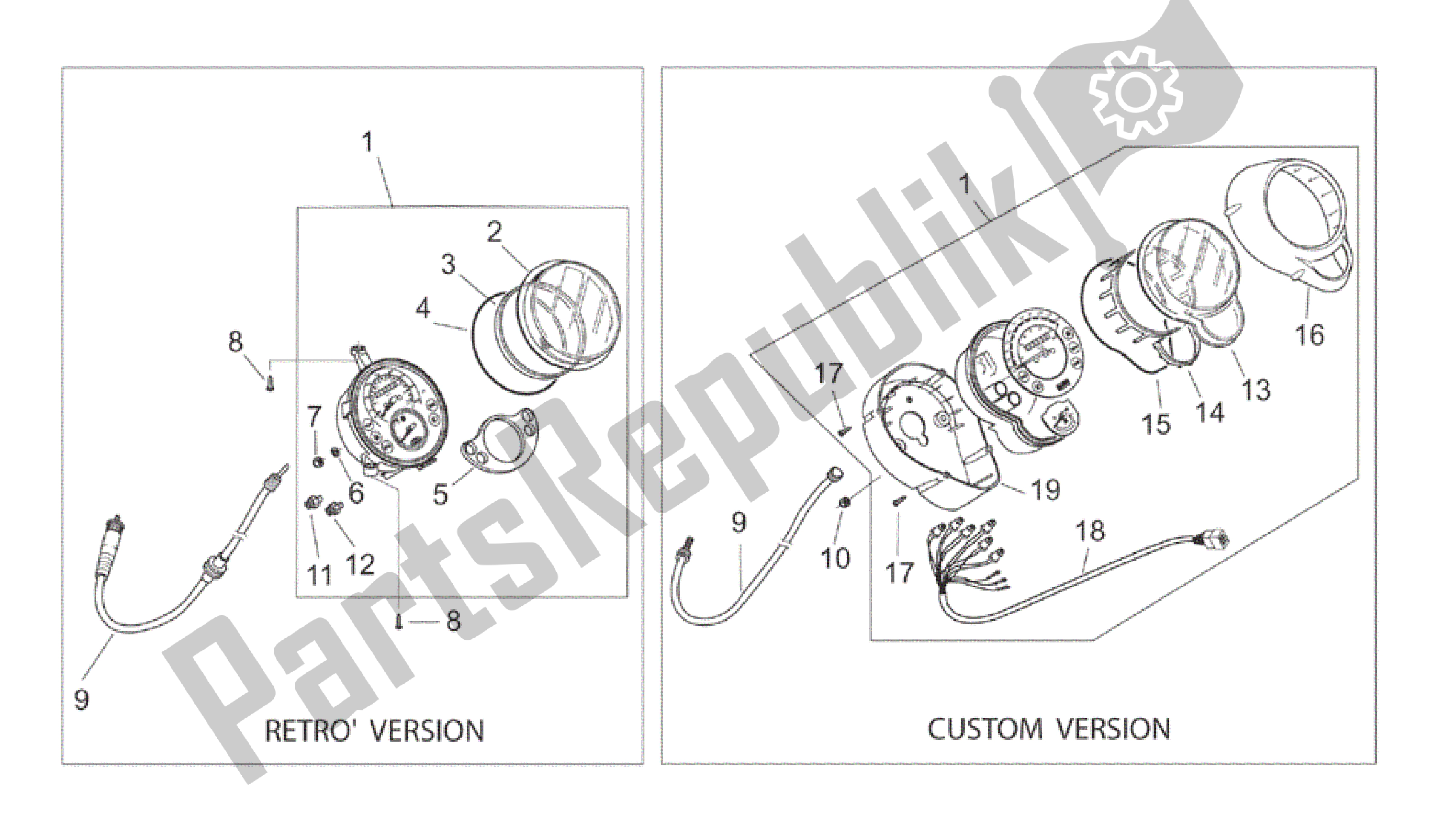 All parts for the Dashboard of the Aprilia Mojito 150 2003 - 2007