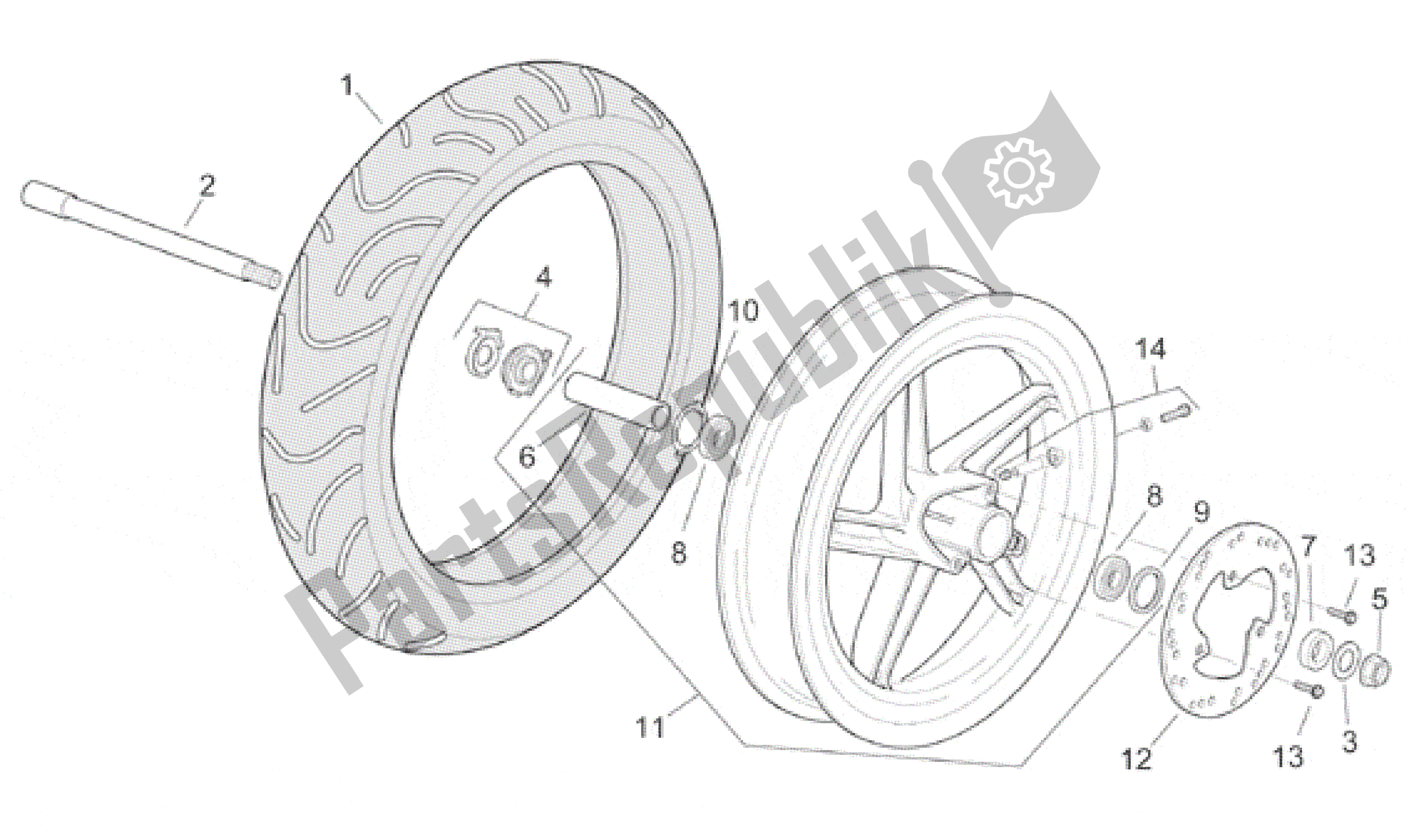 All parts for the Front Wheel of the Aprilia SR 125 1999 - 2001