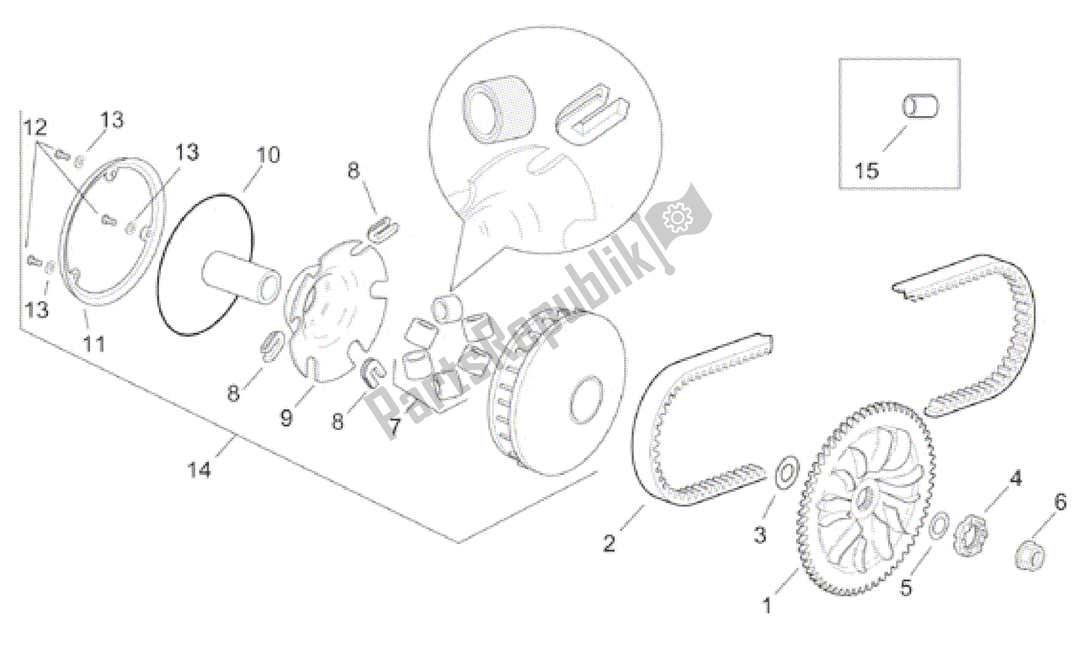 All parts for the Variator of the Aprilia SR 125 1999 - 2001