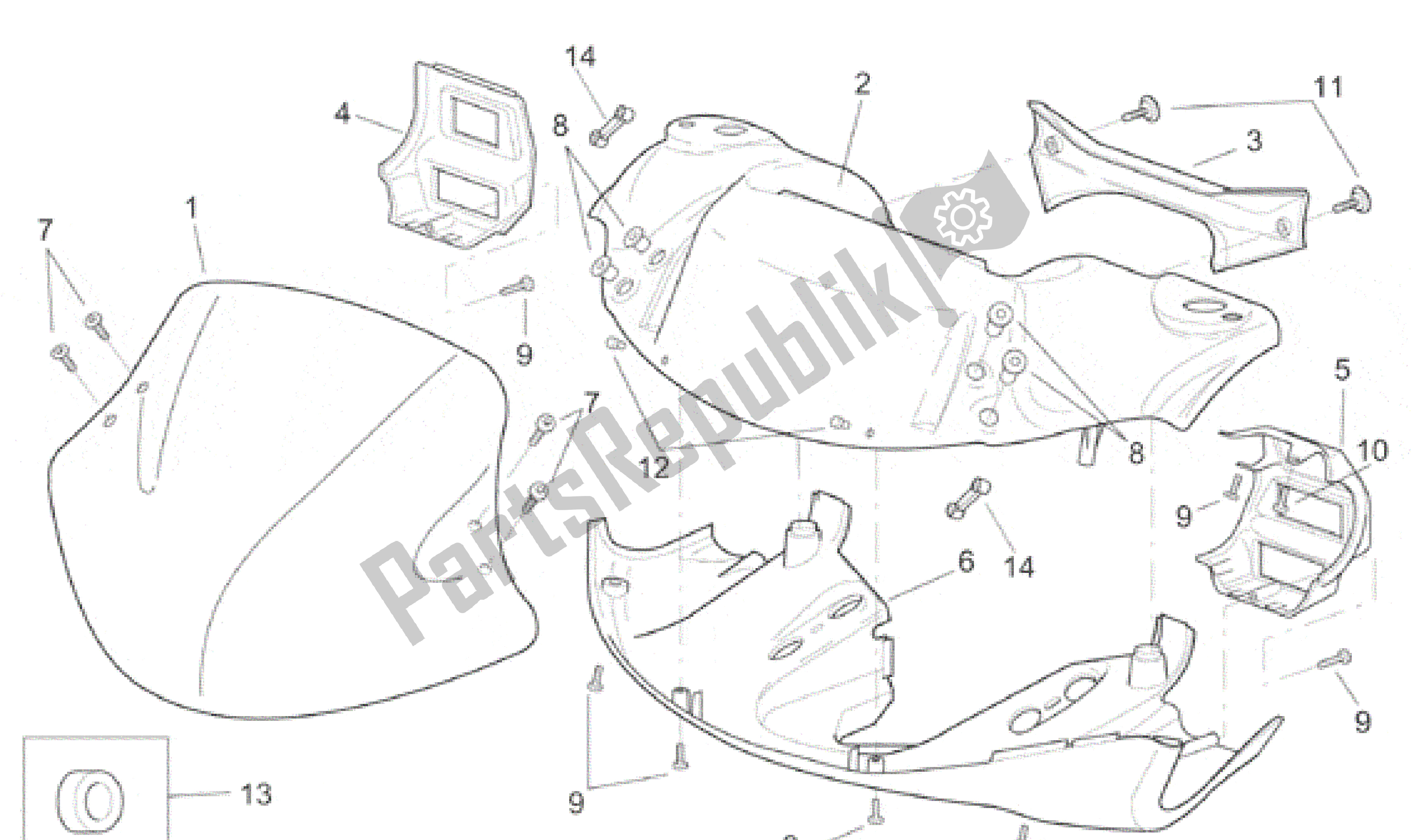 All parts for the Front Body - Front Fairing I of the Aprilia SR 125 1999 - 2001