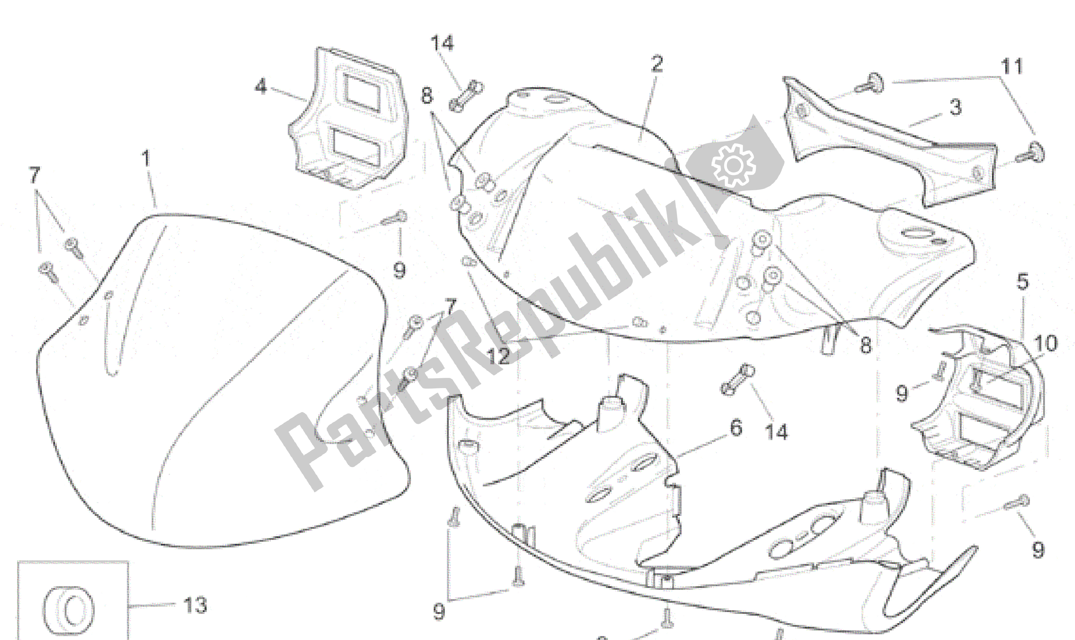 Tutte le parti per il Corpo Anteriore - Carenatura Anteriore I del Aprilia SR 125 1999 - 2001