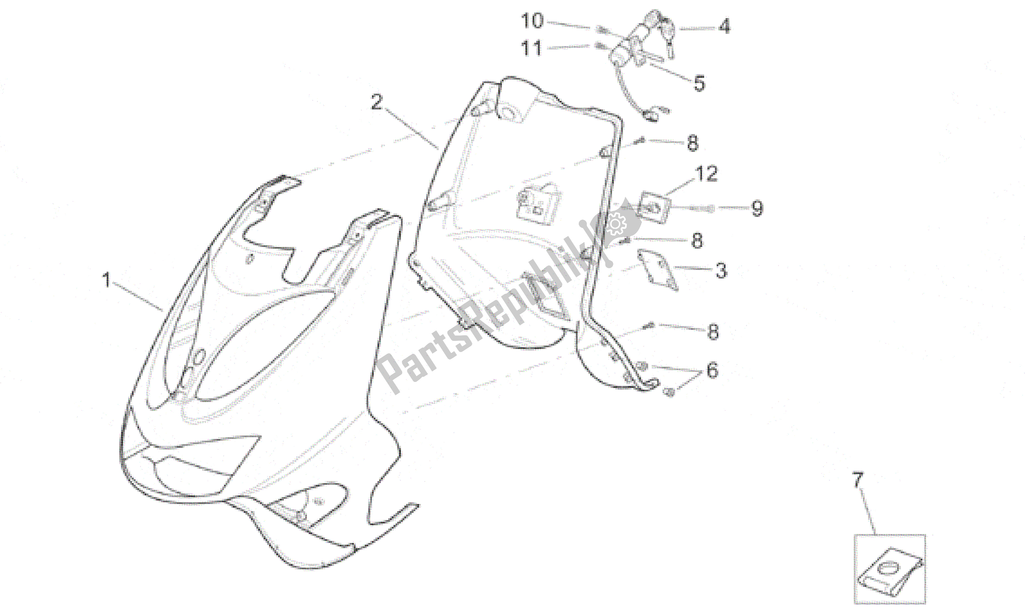 Alle onderdelen voor de Front Body - Schild van de Aprilia SR 150 1999 - 2001