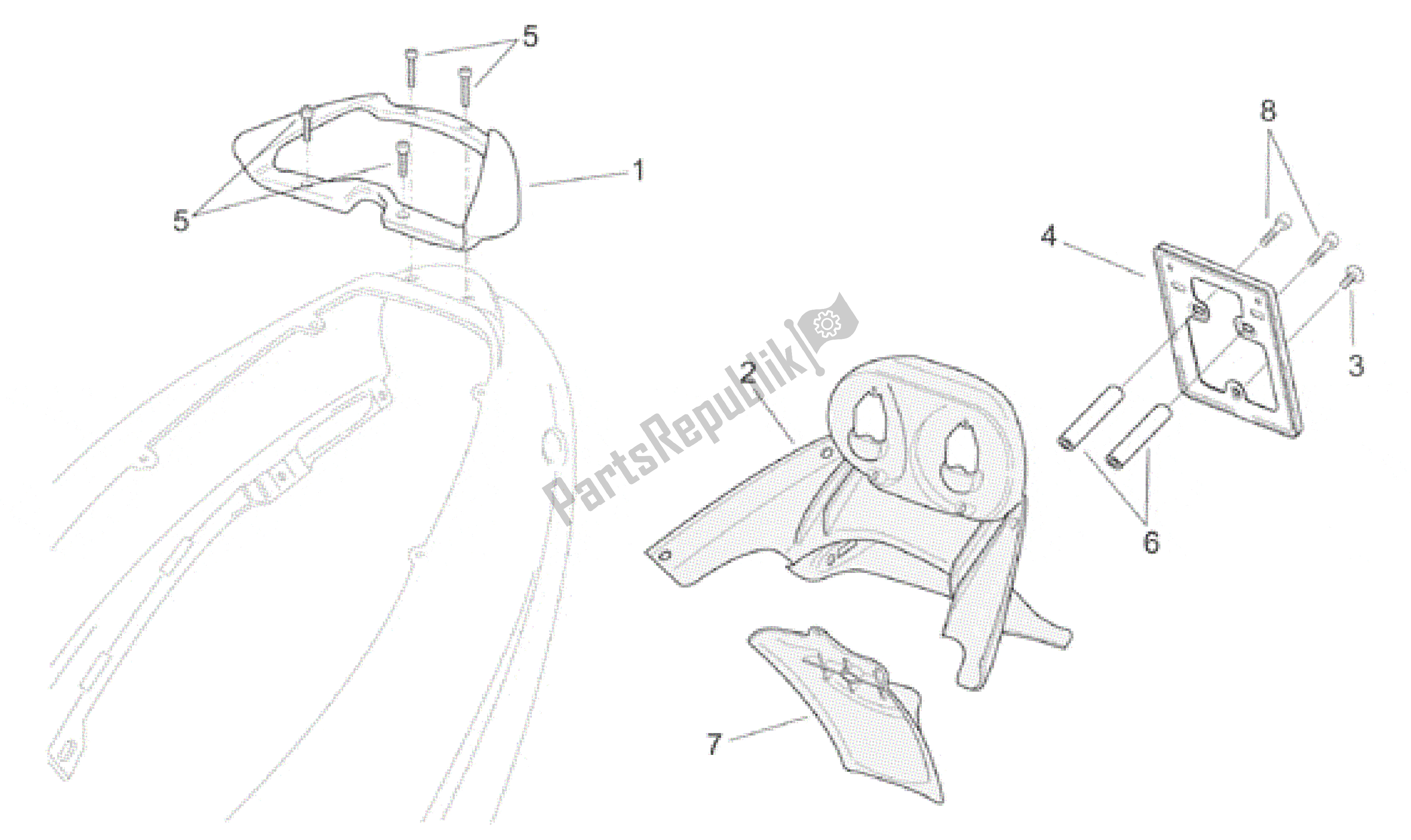 All parts for the Rear Body  - Plate Holder of the Aprilia SR 150 1999 - 2001